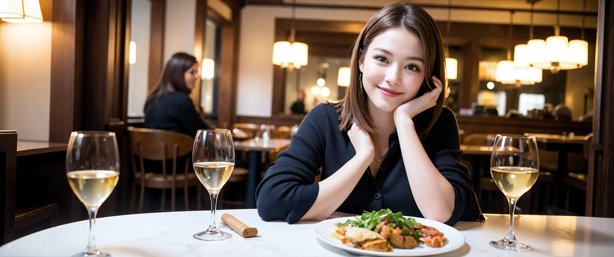 ((highest quality、8K、masterpiece:1.3))、Beautiful woman perfect body:1.4、slimなボディ、((Bob Hale、straight hair:1.2))、 ultra high resolution, bright image、2. The beauty of wine, beautiful face, blue eyes, fine eyes, light shines on your face, blush your nose, short hair,Spectacular view of the sunset sky and clouds、Amazing mountain views、ニコニコ明るいsmile、smileの素敵な女性、bright face、Fox face、lady、Champagne、Wine bottle、wine glass、red wine 、Appetizer、Italian food、Two beauties、brown hair、shortcut、long sleeve shirt、Winter Fashion、dress、Wine bottle、sparkling wine、Pretty Woman 1, (slimな顔), (brown hair), (shortcut), cheeks turn a little red, (36 years old), 39 years old, charming beauty、restaurant, nova frog style, actress, model, Upper body, White wine, slim, wine glass, 真ん中に置かれたwine glass, smile, (smile: 1.15), 綺麗なfine eyes, Strong light and shadow,moist body:1.5、delicate eyes、brown hair、The hair is very shiny、