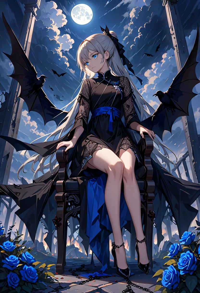 masterpiece,best quality,1girl,solo,a pale face,blue eyes,black qipao,(head_tilt:1.3),(single handed support head:1.3),big long legs,crossed_legs,high_heels,(from_side:1.3),(from_below:1.3),throne BREAK
bat,who has seen the wind,crow,moon,dark clouds,the blue rose,blood,human skeleton,BLUE FLAME BREAK
(chain ring, chain storm, dark chain,((wholeblack bloomer)), darkside, night, deep dark, darkness, ((dark clouds)),((ruins)),shadow, death garden:0.9),be outstanding at a given time,