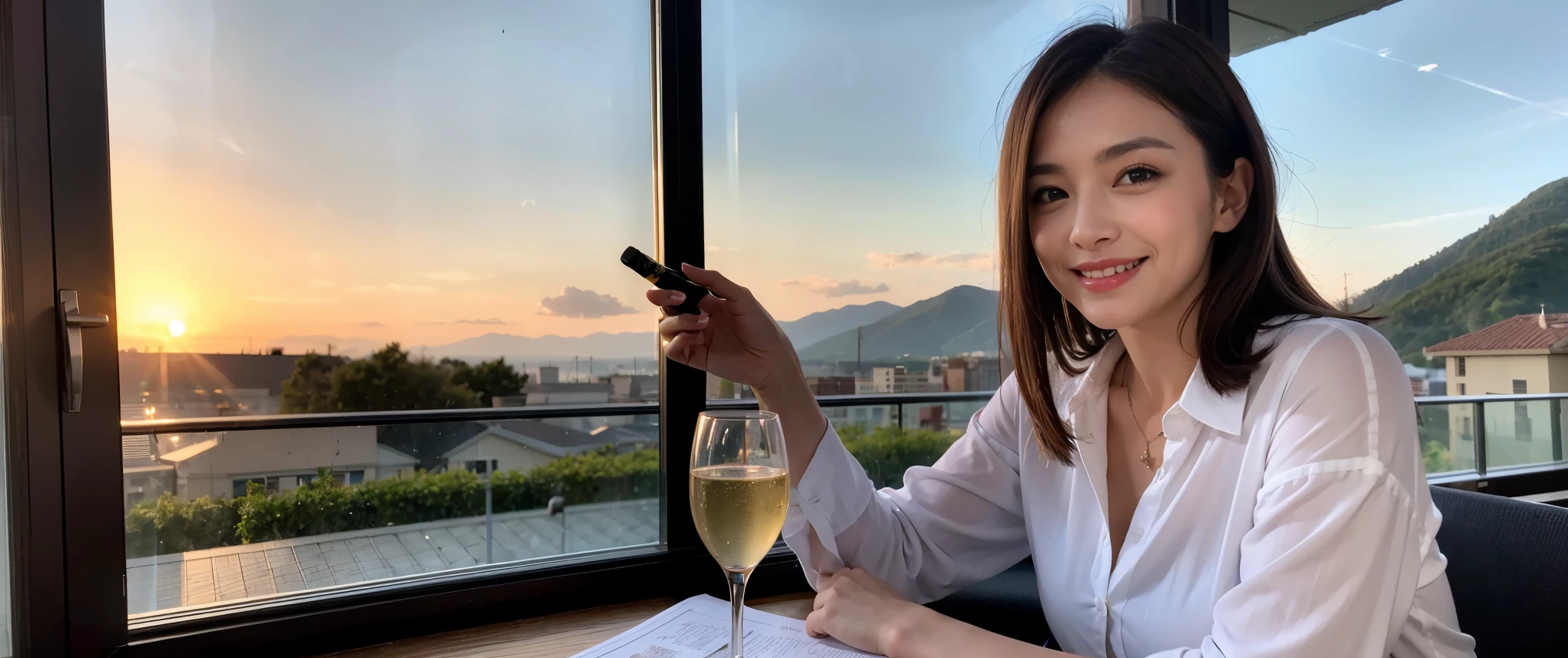 ((highest quality、8K、masterpiece:1.3))、Beautiful woman perfect body:1.4、slimなボディ、((Bob Hale、straight hair:1.2))、 ultra high resolution, bright image、2. The beauty of wine, beautiful face, blue eyes, fine eyes, light shines on your face, blush your nose, short hair,Spectacular view of the sunset sky and clouds、Amazing mountain views、ニコニコ明るいsmile、smileの素敵な女性、bright face、Fox face、lady、Champagne、Wine bottle、wine glass、red wine 、Appetizer、Italian food、Two beauties、brown hair、shortcut、long sleeve shirt、Winter Fashion、dress、Wine bottle、sparkling wine、Pretty Woman 1, (slimな顔), (brown hair), (shortcut), cheeks turn a little red, (36 years old), 39 years old, charming beauty、restaurant, nova frog style, actress, model, Upper body, White wine, slim, wine glass, 真ん中に置かれたwine glass, smile, (smile: 1.15), 綺麗なfine eyes, Strong light and shadow,moist body:1.5、delicate eyes、brown hair、The hair is very shiny、
