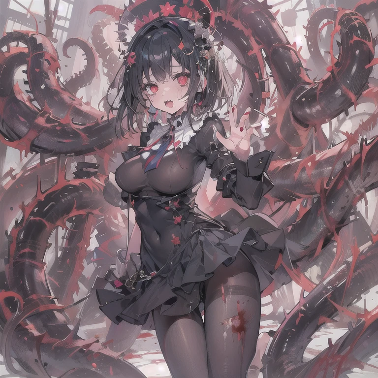 masterpiece, best quality, masterpiece,best quality,official art,extremely detailed CG unity 8k wallpaper, show foot, girl, solo, kawaii, no_humans, medium hair, black hair, tentacle hair, saliva, blood on face, light blush, red eyes, blood from eyes, large breasts, hanging breasts, one breast out, seifuku, black pantyhose, uwabaki, tentacle, vore, bdsm, girl_on_top, sex, femdom, facesitting, pussy_juice, female_ejaculation, cum, zombie girl ,one girl one boy,Girl infects boy