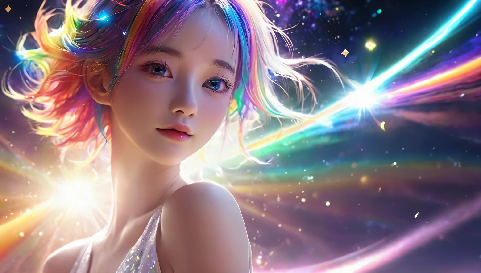 {{masterpiece}}, highest quality, Highly detailed CG integrated 8k wallpaper, movie lighting, Lens flare, beautiful detail eyes, black,  Side view,  multicolored hair, Rich and colorful light, particle, ************、girl、laugh fearlessly、Rainbow Hair、White clothes、Big Bang Girl,The edge of the universe can be seen on the lining、dark matter、energy、Retro and psychedelic、Create miracles with a single photon、From Blink to Quasar、It&#39;s too bright to keep looking、The Super Burst is what draws you in