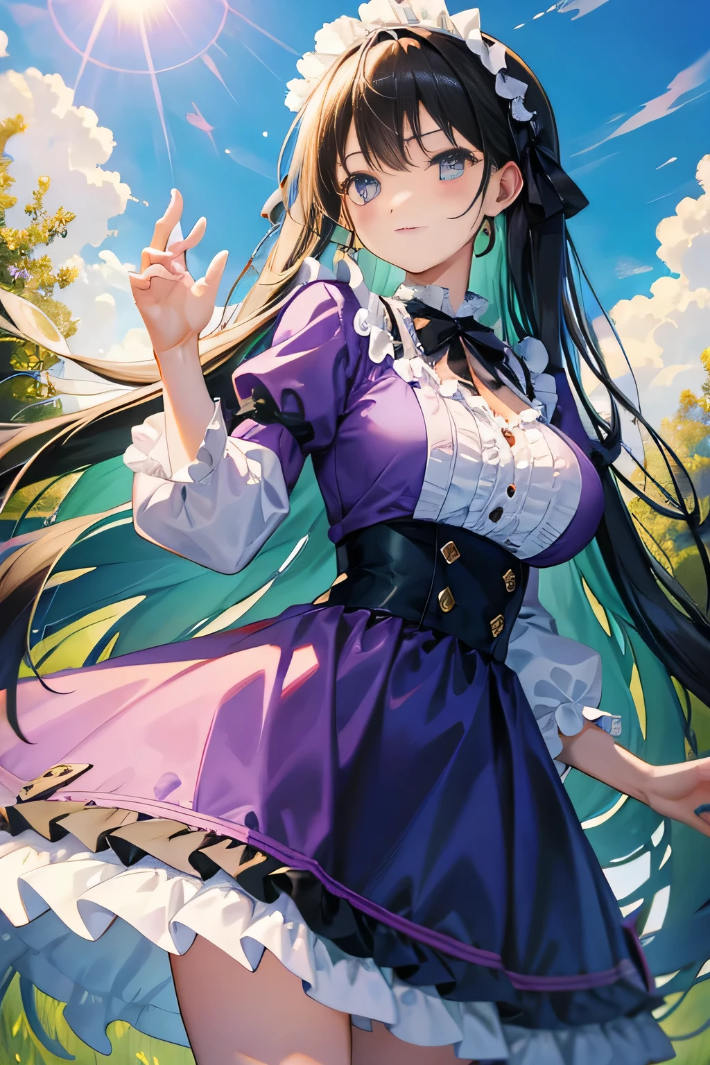 1 girl in、(Angle from diagonally down)、long black hair、green eyes、beautiful eyes、(plump big breasts)、purple suit、ribbon on clothes、(((frills)))、(Purple dress)、short sleeves、puffy sleeves、(Queen&#39;s Department)、((Place one hand on your chest))、beautiful feet、standing pictures、standing、field background、(Highest quality high resolution)、((Masterpiece best quality:1.2)), [[bad face]], [[Fusion of fingers]]