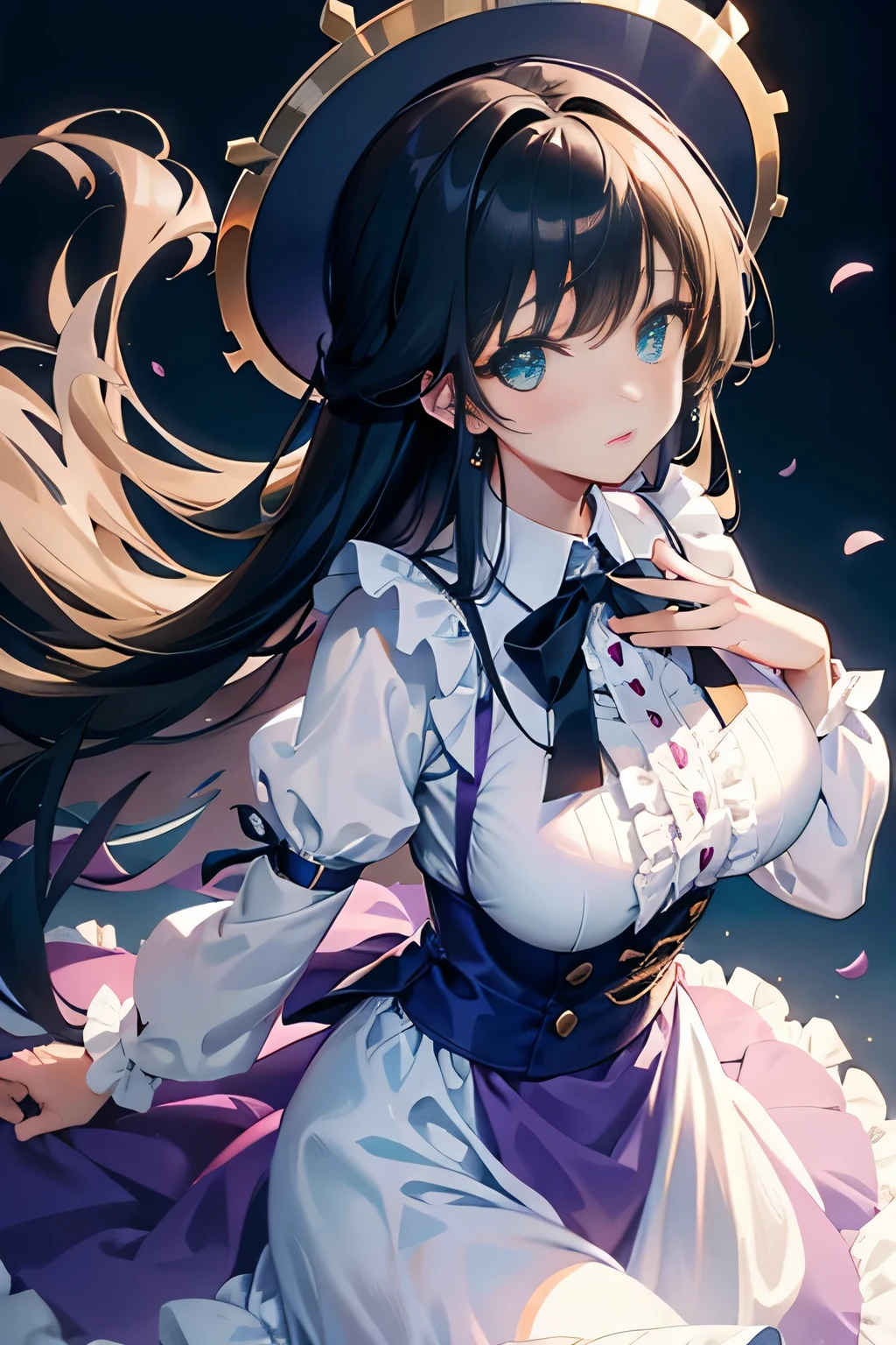 1 girl in、(Angle from diagonally down)、long black hair、green eyes、beautiful eyes、(plump big breasts)、purple suit、ribbon on clothes、(((frills)))、(Purple dress)、short sleeves、puffy sleeves、(Queen&#39;s Department)、((Place one hand on your chest))、beautiful feet、standing pictures、standing、field background、(Highest quality high resolution)、((Masterpiece best quality:1.2)), [[bad face]], [[Fusion of fingers]]