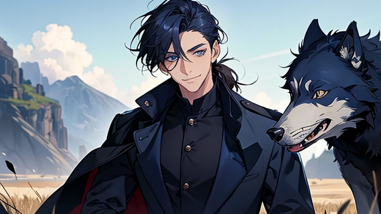 masterpiece, highest quality, confused, male,dark blue hair, low ponytail,Black and navy blue pilot suit,expensive,,Carrying wolves,He has a navy blue coat draped over his shoulders.,There'There'there's no one behind me,dark blue eyes,smile a little,With the wolf,hill,grassland,blue sky