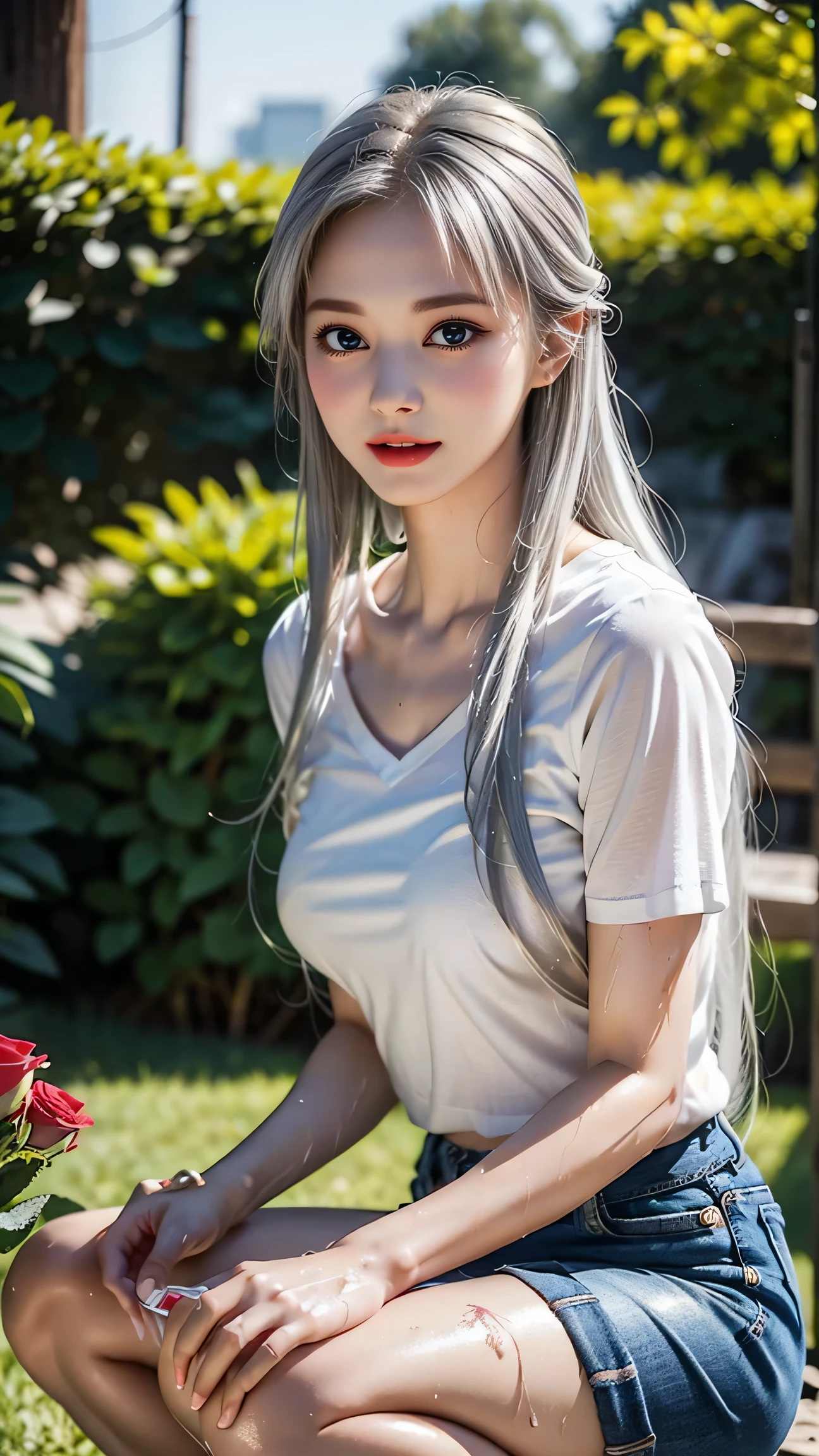 ((Girl taking care of flowers in the garden)),(Crouching posture),top quality work,Real work,Ultra Premium Graphics,8K HD CG works,High quality graphics,High-definition CG works,super fine details:1.1,Advanced technical details:1.1Photo-realistic,Natural light:1.5. light effect(virtual light effect:1.8),超A high resolution,長いsilver hair,silver hair,transparent hair,high detail hair(premium hair detail:1.1)clear eyes,beautiful double eyelids,sharp eye makeup, delicate eyelash makeup, thin eyebrows, highly detailed eyes,high nose, nice red lips, rose cheeks, A face with delicate makeup , cute face, perfectly proportioned face,(Advanced facial details:1.1),shiny,summer sexy,((Translucent wet white T-shirt))、((Jeans Mini Skirt)),photo shoot,woman'artwork of,full body figure,realism,wonderful,My eyes are shining today、((she is wet))、(nipple),((Pink nipple is visible through the)),