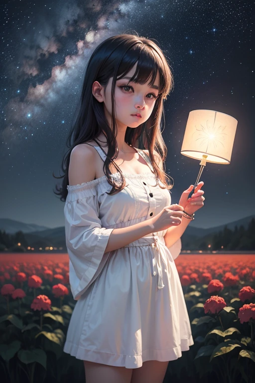 close up shot, Anime girl wearing white glass , standing on the land,night view ,There are many stars in the night sky,milky way ,colorful flowers,Headshot closeup, oil painting style, very obvious oil painting strokes, Impressionist palette style, 32k uh, beautiful, tomorrow, past, color manga --ar 3:4 --