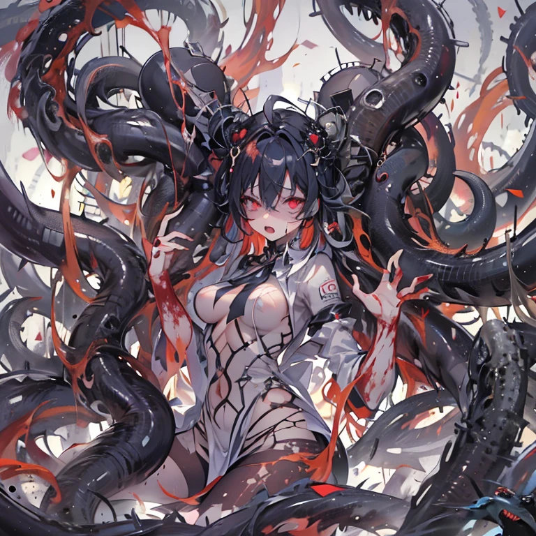 masterpiece, best quality, masterpiece,best quality,official art,extremely detailed CG unity 8k wallpaper, show foot, little girl, solo, kawaii, no_humans, medium hair, black hair, tentacle hair, saliva, blood on face, light blush, red eyes, blood from eyes, large breasts, hanging breasts, one breast out, seifuku, black pantyhose, uwabaki, tentacle, vore, bdsm, girl_on_top, sex, femdom, facesitting, pussy_juice, female_ejaculation, cum, zombie girl ,one girl one boy,Girl infects boy