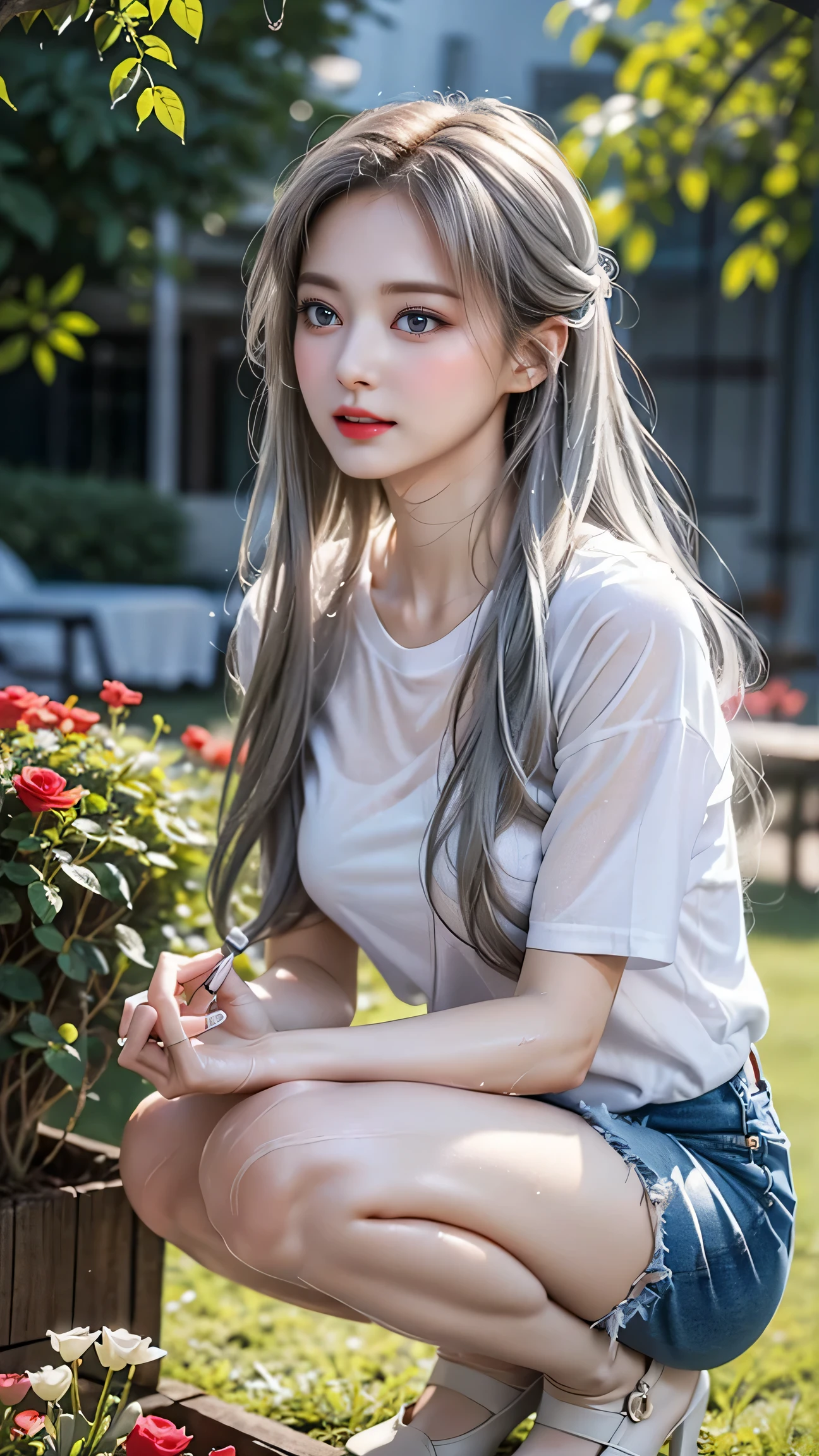 ((Girl taking care of flowers in the garden)),(Crouching posture),top quality work,Real work,Ultra Premium Graphics,8K HD CG works,High quality graphics,High-definition CG works,super fine details:1.1,Advanced technical details:1.1Photo-realistic,Natural light:1.5. light effect(virtual light effect:1.8),超A high resolution,長いsilver hair,silver hair,transparent hair,high detail hair(premium hair detail:1.1)clear eyes,beautiful double eyelids,sharp eye makeup, delicate eyelash makeup, thin eyebrows, highly detailed eyes,high nose, nice red lips, rose cheeks, A face with delicate makeup , cute face, perfectly proportioned face,(Advanced facial details:1.1),shiny,summer sexy,((Translucent wet white T-shirt))、((Jeans Mini Skirt)),photo shoot,woman'artwork of,full body figure,realism,wonderful,My eyes are shining today、((she is wet))、(nipple),((Pink nipple is visible through the)),