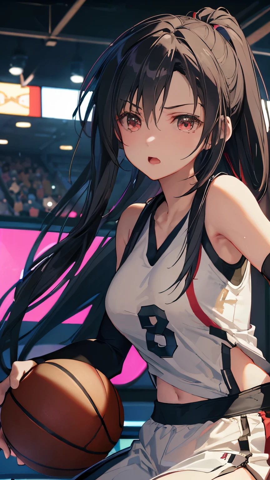 (((Best quality, 8k, Masterpiece: 1.3)), ((best quality)), ((masterpiece)), (detailed), perfect face, (female professional basketball player), ((dribbling)), in a basketball game, shiny sweat, (black hair,) Serious eyes concentrating on the game, Shows the whole body, ponytail