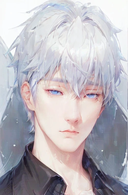 ((SUPER REALISTIC)) a close up of a person with white hair and blue eyes, kaneki ken, ken kaneki, tall anime guy with blue eyes, he has dark grey hairs, delicate androgynous prince, male anime character, handsome prince, anime handsome man, kaworu nagisa, a silver haired mad, white haired deity, beautiful androgynous prince