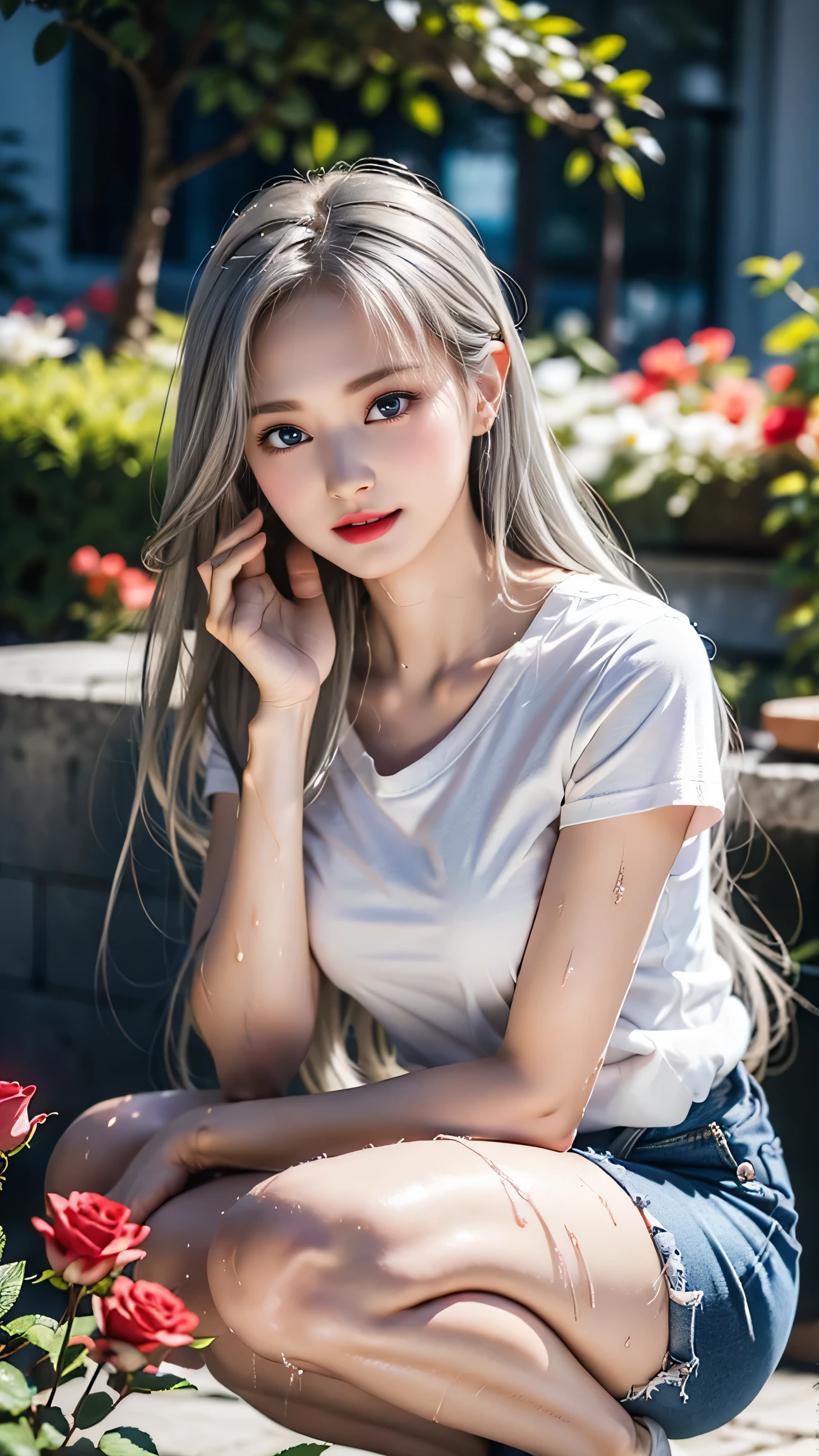 ((Girl taking care of flowers in the garden)),(Crouching posture),top quality work,Real work,Ultra Premium Graphics,8K HD CG works,High quality graphics,High-definition CG works,super fine details:1.1,Advanced technical details:1.1Photo-realistic,Natural light:1.5. light effect(virtual light effect:1.8),超A high resolution,長いsilver hair,silver hair,transparent hair,high detail hair(premium hair detail:1.1)clear eyes,beautiful double eyelids,sharp eye makeup, delicate eyelash makeup, thin eyebrows, highly detailed eyes,high nose, nice red lips, rose cheeks, A face with delicate makeup , cute face, perfectly proportioned face,(Advanced facial details:1.1),shiny,summer sexy,((Wet white t-shirt))、((Jeans Mini Skirt)),photo shoot,woman'artwork of,full body figure,realism,wonderful,My eyes are shining today、((she is wet))、(nipple),((Pink nipple is visible through the)),