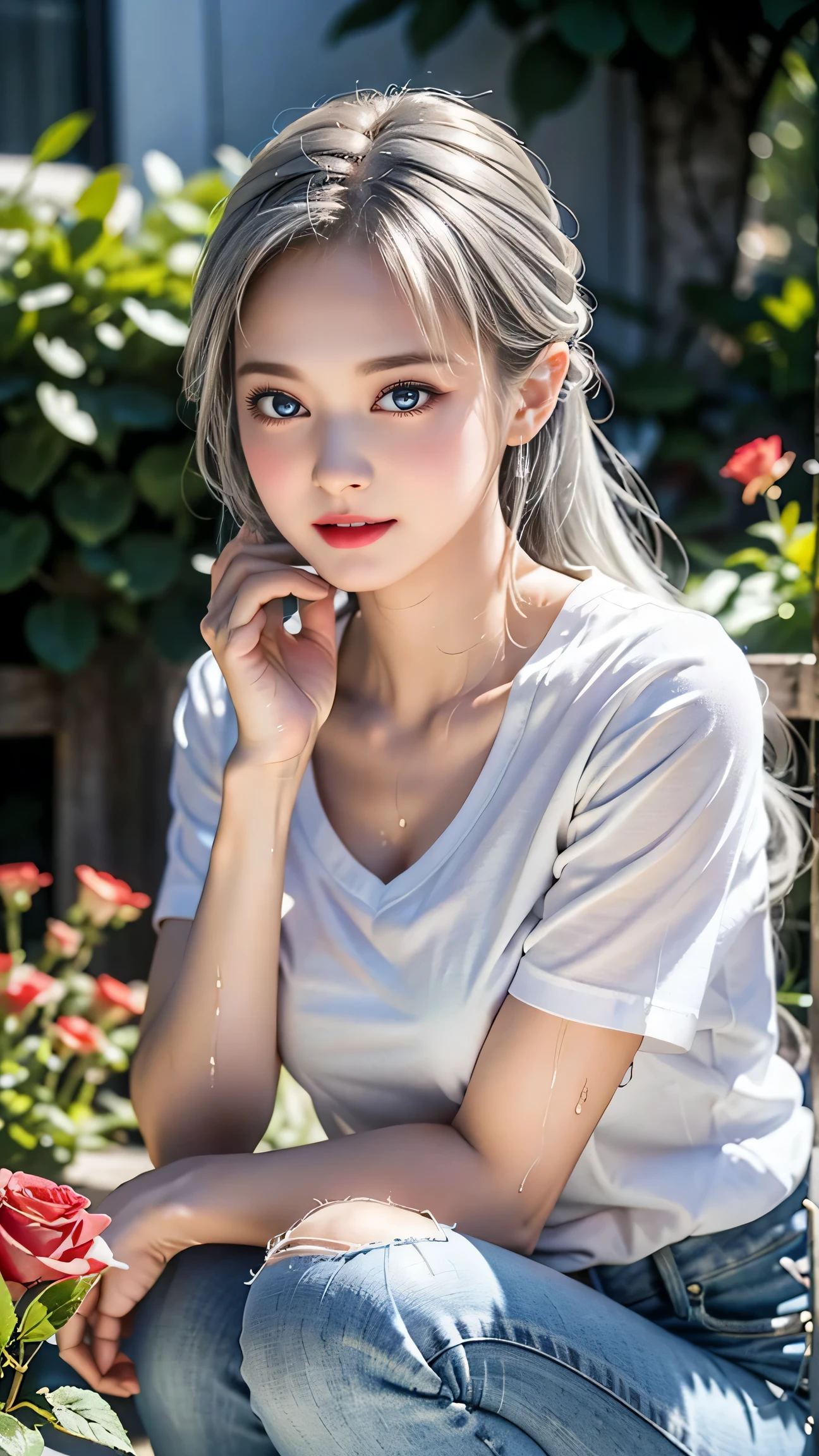 ((Girl taking care of flowers in the garden)),(Crouching posture),top quality work，Real work，Ultra Premium Graphics，8K HD CG works，High quality graphics，High-definition CG works，super fine details：1.1，Advanced technical details：1.1Photo-realistic，Natural light：1.5. light effect（virtual light effect：1.8），超A high resolution，長いsilver hair，silver hair，transparent hair，high detail hair（premium hair detail：1.1）clear eyes，beautiful double eyelids，sharp eye makeup, delicate eyelash makeup, thin eyebrows, highly detailed eyes，high nose, nice red lips, rose cheeks, A face with delicate makeup , cute face, perfectly proportioned face,（Advanced facial details：1.1），shiny，summer sexy，((Wet white t-shirt))、((Jeans Mini Skirt)),photo shoot，woman&#39;artwork of，full body figure，realism，wonderful，My eyes are shining today、((she is wet))、（nipple),（(Pink nipple is visible through the)),