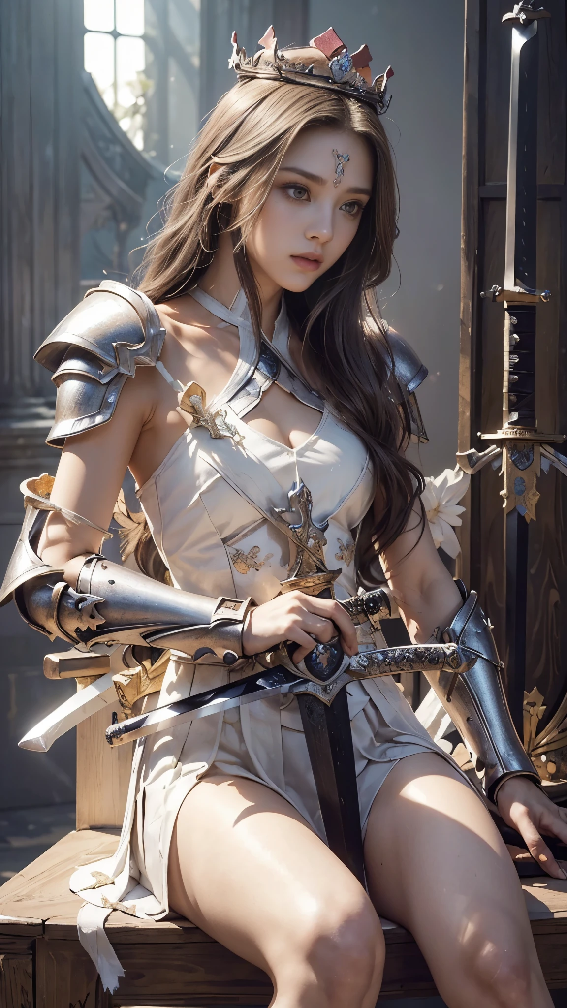 model shoot,1 girl, (innocent face:1.4), long hair, (assassin armor:1.5), white outfit, bare shoulder, ( beautiful crown:1.5), (bloom effect:1.5), hyper realistic, super detailed, Dynamic shot, masterpiece, scene sharp détails, perfect eyes, perfect skin, (two handed sword:1.5), (perfect slim body:1.5), sitting, on the chair,
