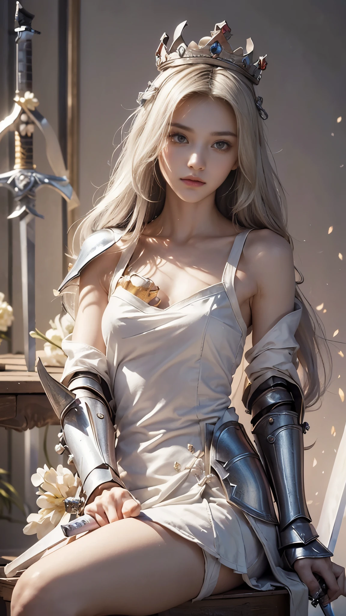 model shoot,1 girl, (innocent face:1.4), long hair, (assassin armor:1.5), white outfit, bare shoulder, ( beautiful crown:1.5), (bloom effect:1.5), hyper realistic, super detailed, Dynamic shot, masterpiece, scene sharp détails, perfect eyes, perfect skin, (two handed sword:1.5), (perfect slim body:1.5), sitting, on the chair,