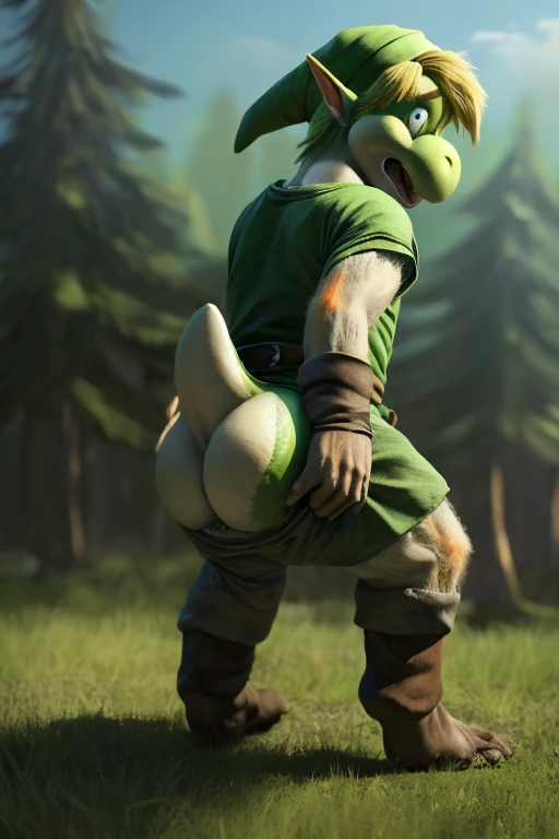 masterpiece, realism, photorealistic, best_quality, 1boy, solo, link, the legend of zelda, tunic, hat, mid transformation, transforming into a green yoshi, tail bursting out of pants, plump thick stumpy tail growing between butt cheeks, view from behind, losing balance, shock, embarrassed