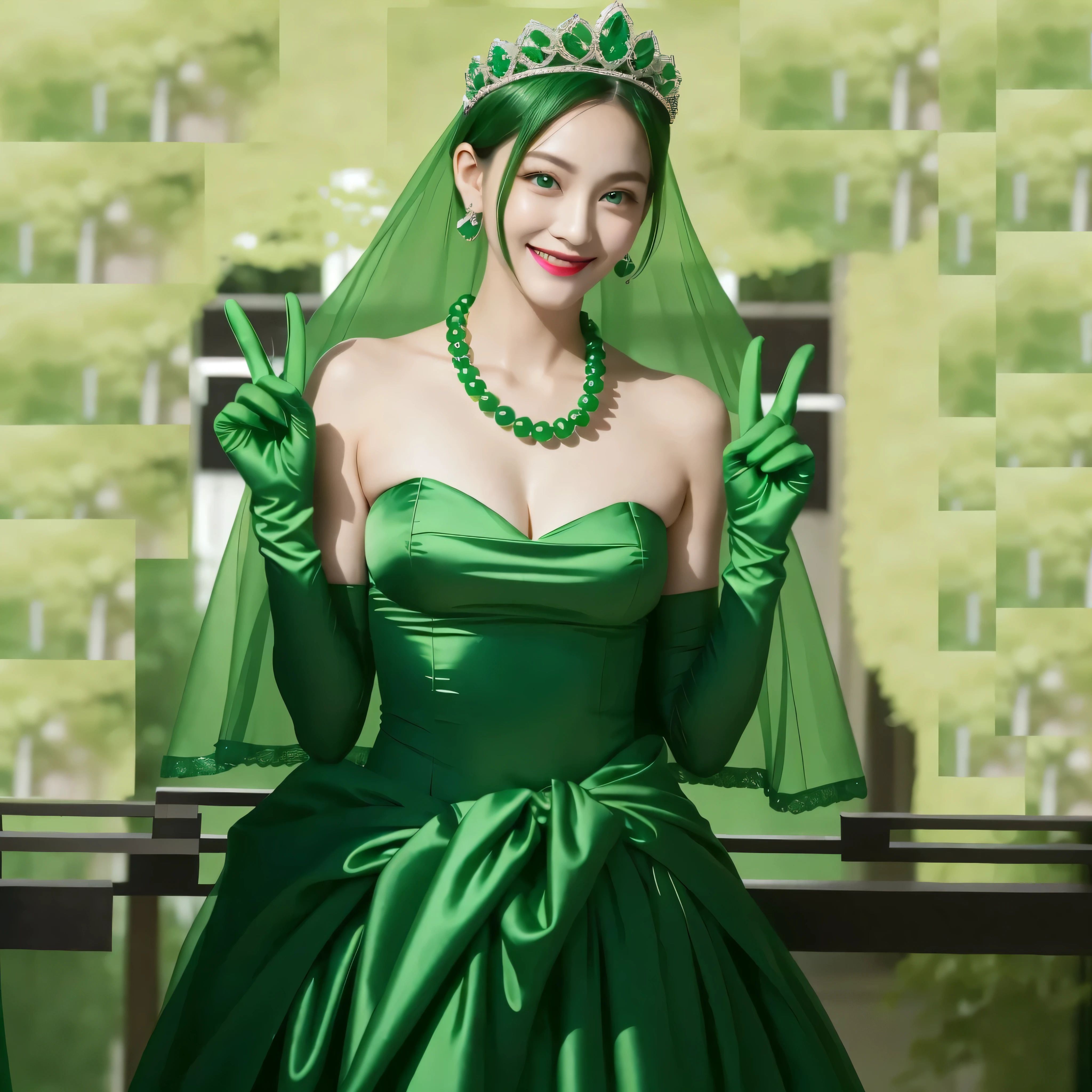 emerald tiara, green pearl necklace, boyish very short green hair, Green Lips, smiling Japanese woman, very short hair, Beautiful woman with big breasts, green eyes, Green satin gloves, green eyes, emerald earrings, green veil, Heart with both hands, green hair, beautiful japanese woman, heart shaped hands:1.3, green lip gloss
