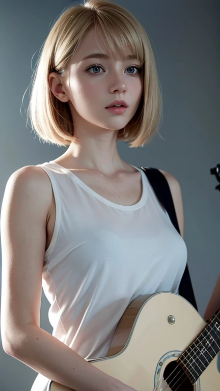 Swedish girl with short blonde hair, bob cut, bang, blue eyes, 14 years old, young, pale skin, wearing a white silk dress, Feeling anxious, sad, sweaty, ultra high resolution, UHD, (realistic:1.4), close, doll-like face, Dramatic lighting in a dark room, playing guitar, guitar, electric guitar, Taking off clothes