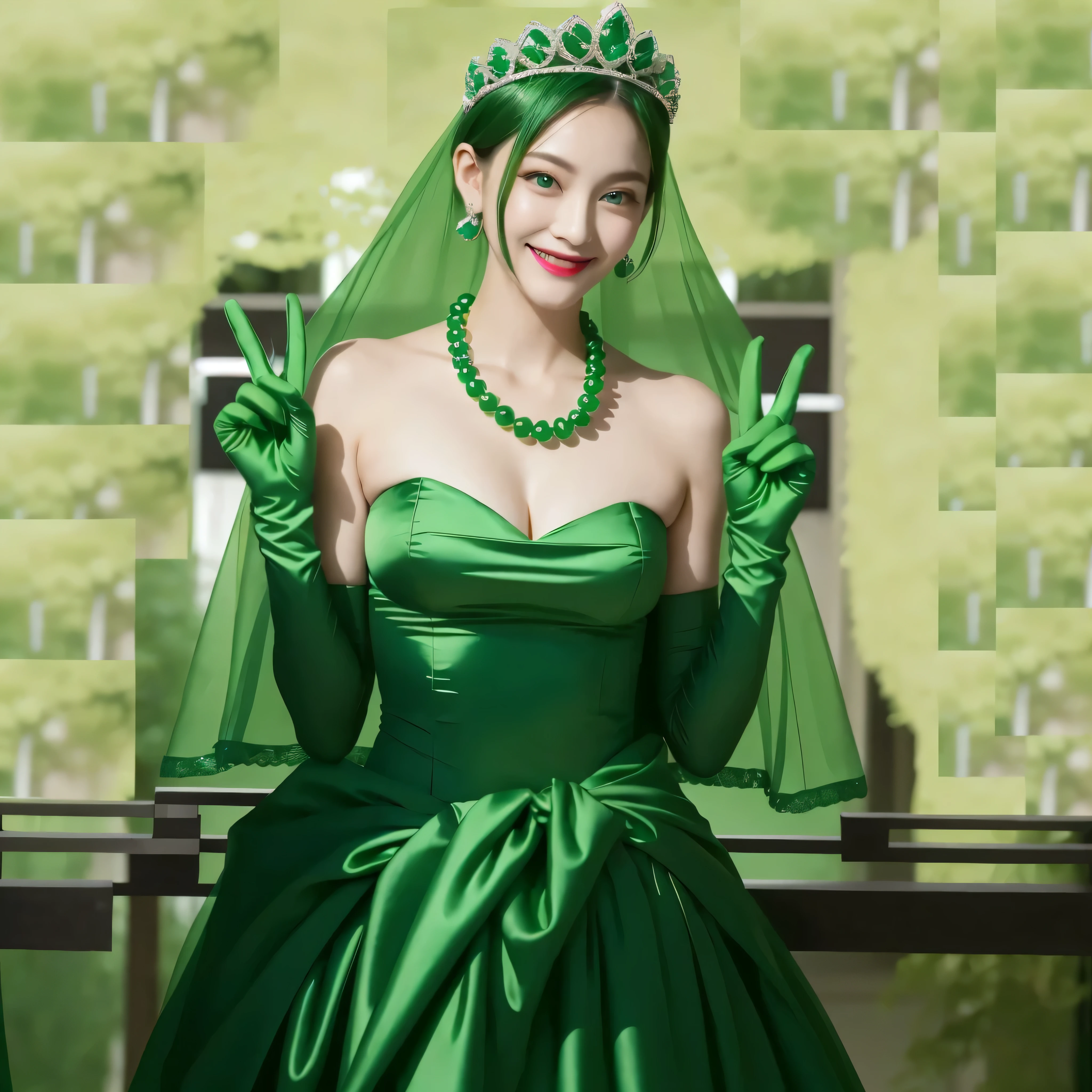 emerald tiara, green pearl necklace, boyish very short green hair, Green Lips, smiling Japanese woman, very short hair, Beautiful woman with big breasts, green eyes, Green satin gloves, green eyes, emerald earrings, green veil, Heart with both hands, green hair, beautiful japanese woman, heart shaped hands:1.3, green lip gloss