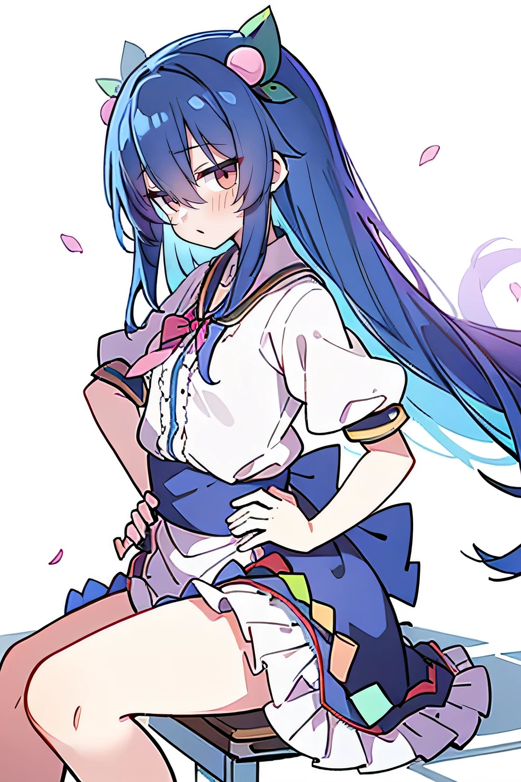 (masterpiece),best quality, expressive eyes, perfect face, 1girl,
 Put your hands on your waist,fair, Gorgeous,Japanese cartoons,girl,lola,Hina Angel, blue hair, blue haired, floating clothes,Grab your waist, Grab your waist, hands on hips , hands on hips,sit, sit on ground, Legs on the ground, flat chest,Petals fall,