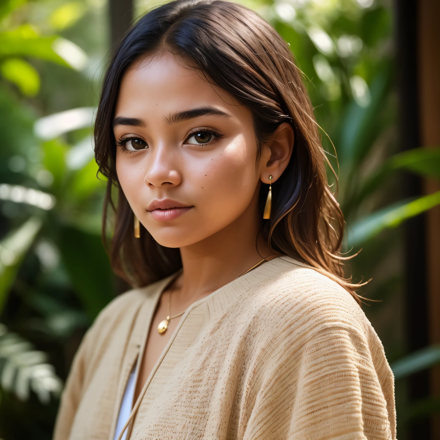 A Person, raw, 30-year-old, Brazilian, ((Portrait)), ((Detailed face:1.2)), ((detailed facial features)), finely detailed skin, tanned, standing, (neutral expression), ((casual outfit)), ((Detailed clothes:1.15)),, background blurred, ((Indoor environment:1.3)), photographed in a Canon EOS R, 85mm lens, F/1.8, nffsw, (4K) (Wallpaper) (Natural lighting) (Simple setup) (Sharp focus) (Realistic) (Detailed)