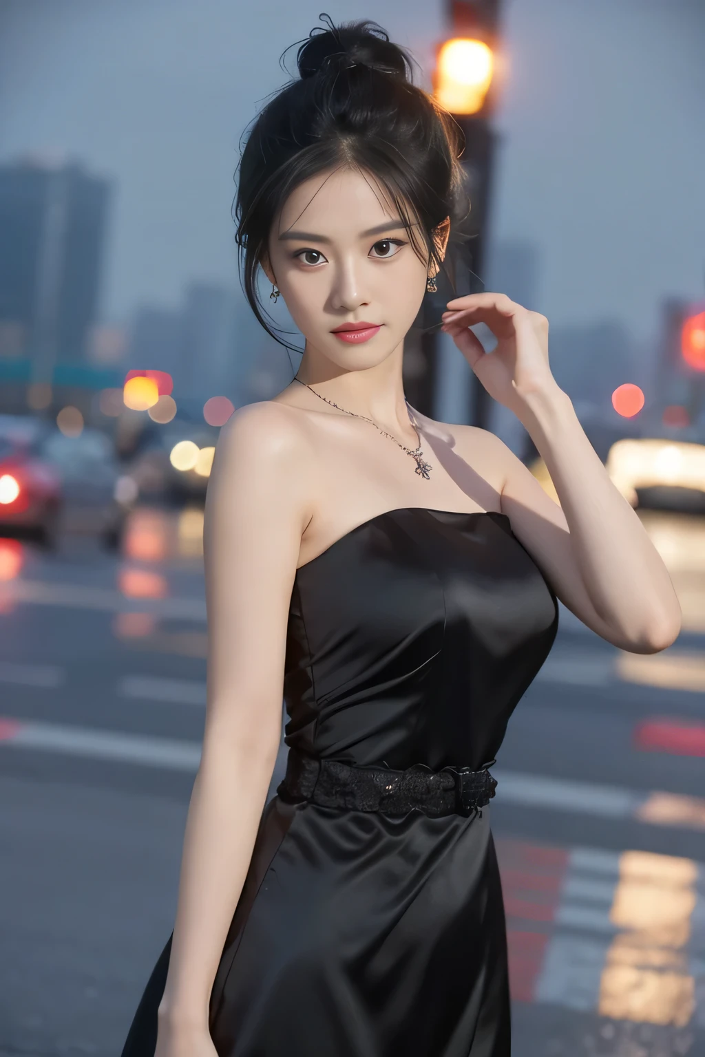 ((Adeline,black hair color hair)), Random pose, (Extremely exquisite and beautiful work), (masterpiece), 1 plump girl, Very detailed、Elegant wedding dress, have, The content is very detailed, ponytail twist, charming expression, beautiful and clear eyes, green eye pupils, beautiful necklace, exquisite earrings, simple blur background, extremely detailed description, Big breasts are beautiful, Big breasts are attractive, super detailed, delicate face, Exquisite figure, Fine clavicle,cute lips, Behind the gentleman ,(8K, original photo, best quality, masterpiece:1.2), (realistically, Real shot:1.37), 1 girl, cute big breasts, overlooking the city, night, rain, moisture, professional lighting, photon mapping, radio city, Physically based rendering, above waist,