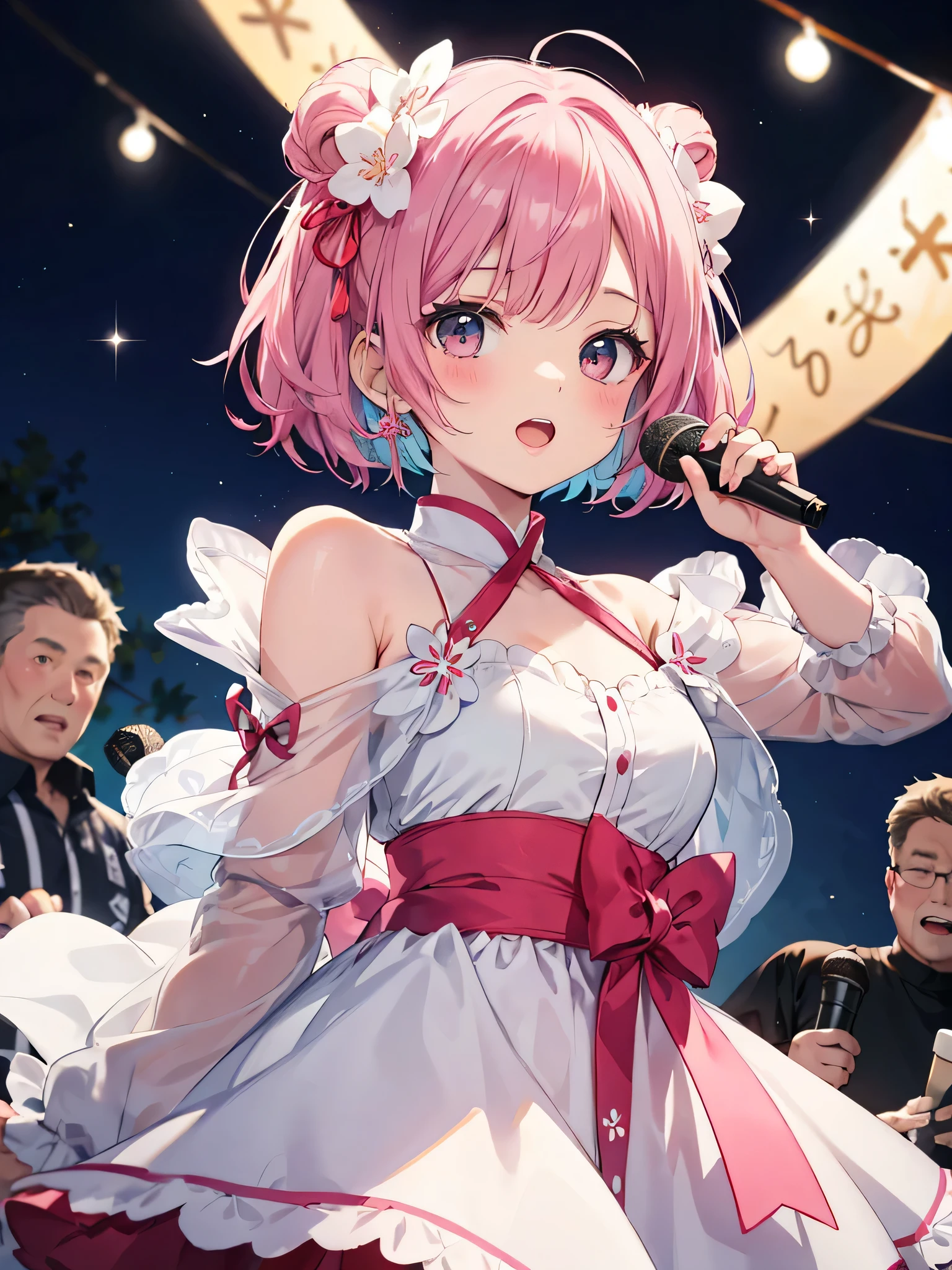 ((masterpiece、Highest quality))cute、My Favorites 、alone、Idol、Pink Hair、Fatty、Ponytail Style、Long Hairstyles、Green Eyes、Pleated skirt、smile、sight、Red cheeks、cuteポーズ、Cleavage Emphasis、Small breasts、Off-the-shoulder sweater、ake