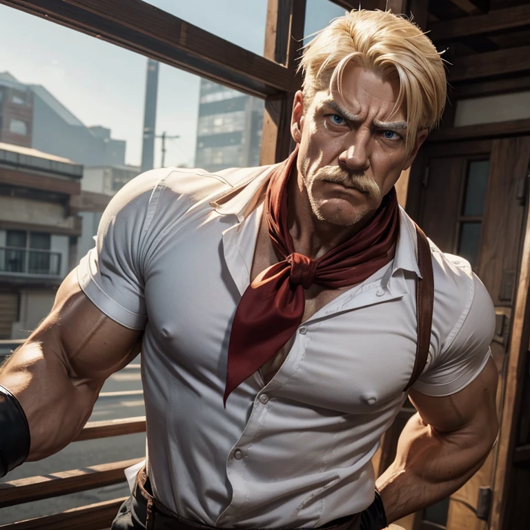 Eagle Street fighter character, age 50, scare on face, white shirt, red mens neckerchief, dark gray pants, black suspender, big muscular body, white gloves, blonde short hair, blonde mustache, very serious face ,two wooden short bow in hands,