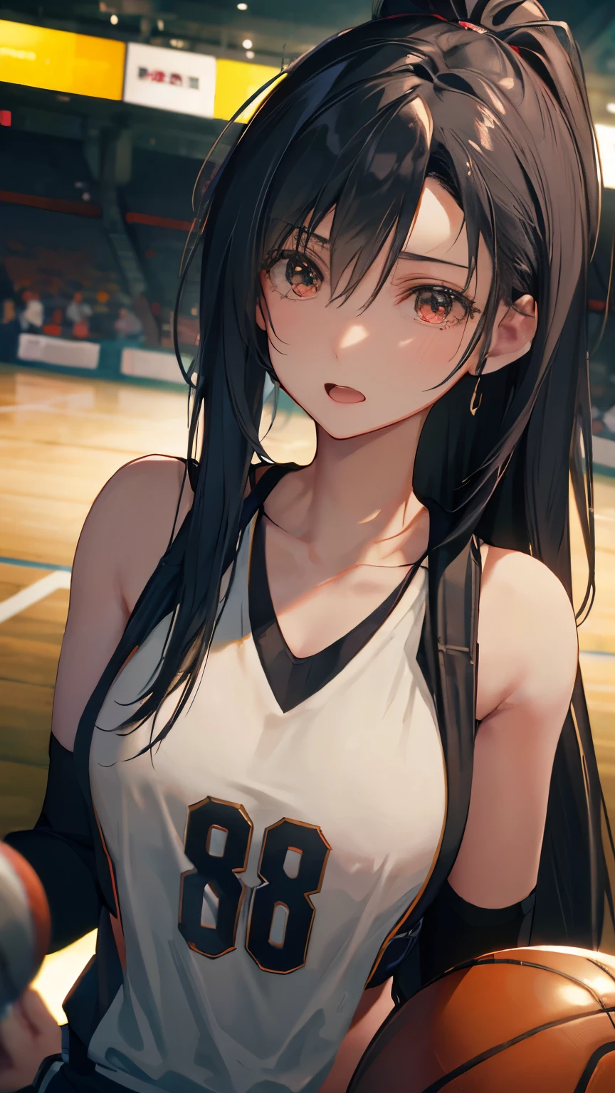 (((Best quality, 8k, Masterpiece: 1.3)), ((best quality)), ((masterpiece)), (detailed), perfect face, (female professional basketball player), ((dribbling)), in a basketball game, shiny sweat, (black hair,) Serious eyes concentrating on the game, Shows the whole body, ponytail