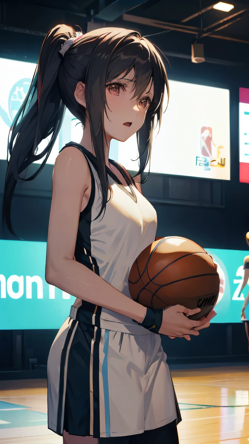 (((Best quality, 8k, Masterpiece: 1.3)), ((best quality)), ((masterpiece)), (detailed), perfect face, (female professional basketball player), ((dribbling)), in a basketball game, shiny sweat, (black hair,) Serious eyes concentrating on the game, Shows the whole body, ponytail