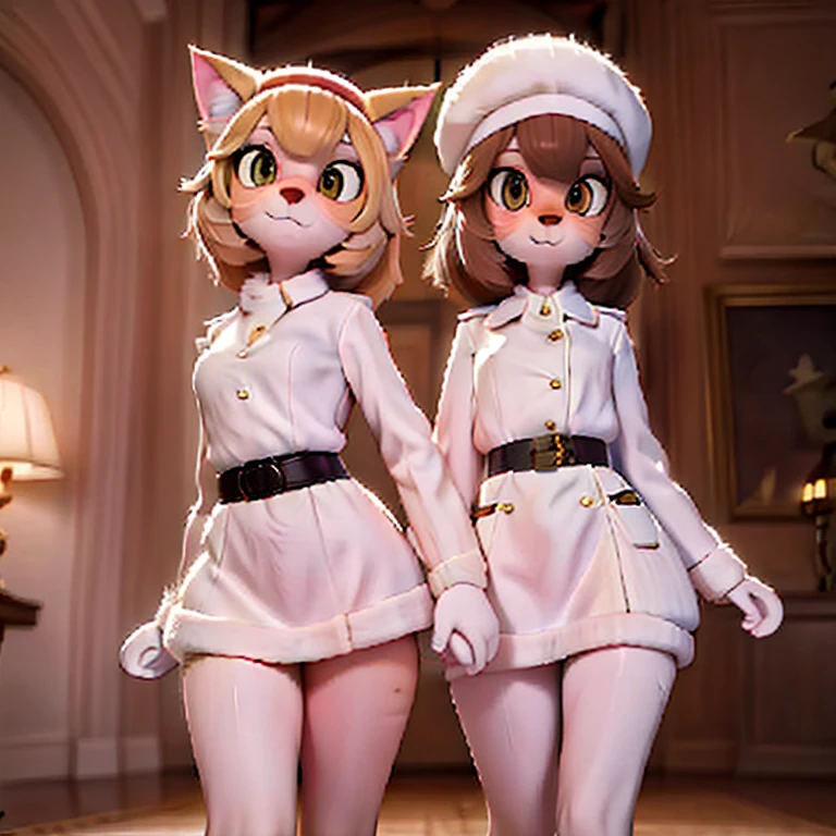 Anthropomorphic animal, white fur, cat, wearing beret, wearing military shirt, wearing miniskirt, showing pussy, skirt lift, nude