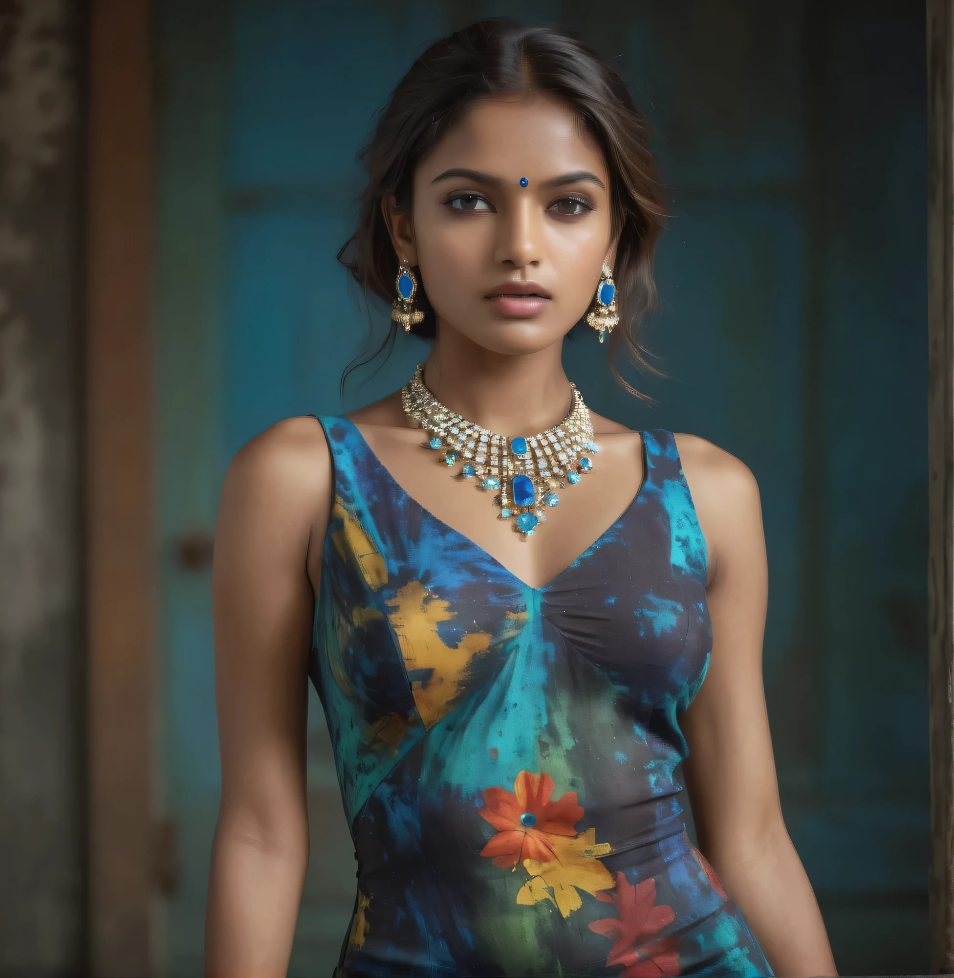 A 20-year-old Indian Full body Female The Hasselblad photo portrait of a beautiful and mysterious Indian model with a dress inspired by Jackson Pollock, creates the most incredible dress possible. in a setting worthy of the greatest dream gardens and colorful paintings, astonishing lighting ambiance, the woman is standing with an intense look, beautiful haircut, lots of 12k contrast, many details Originals, epic, fashion, haute couture, art, light skin , detailed