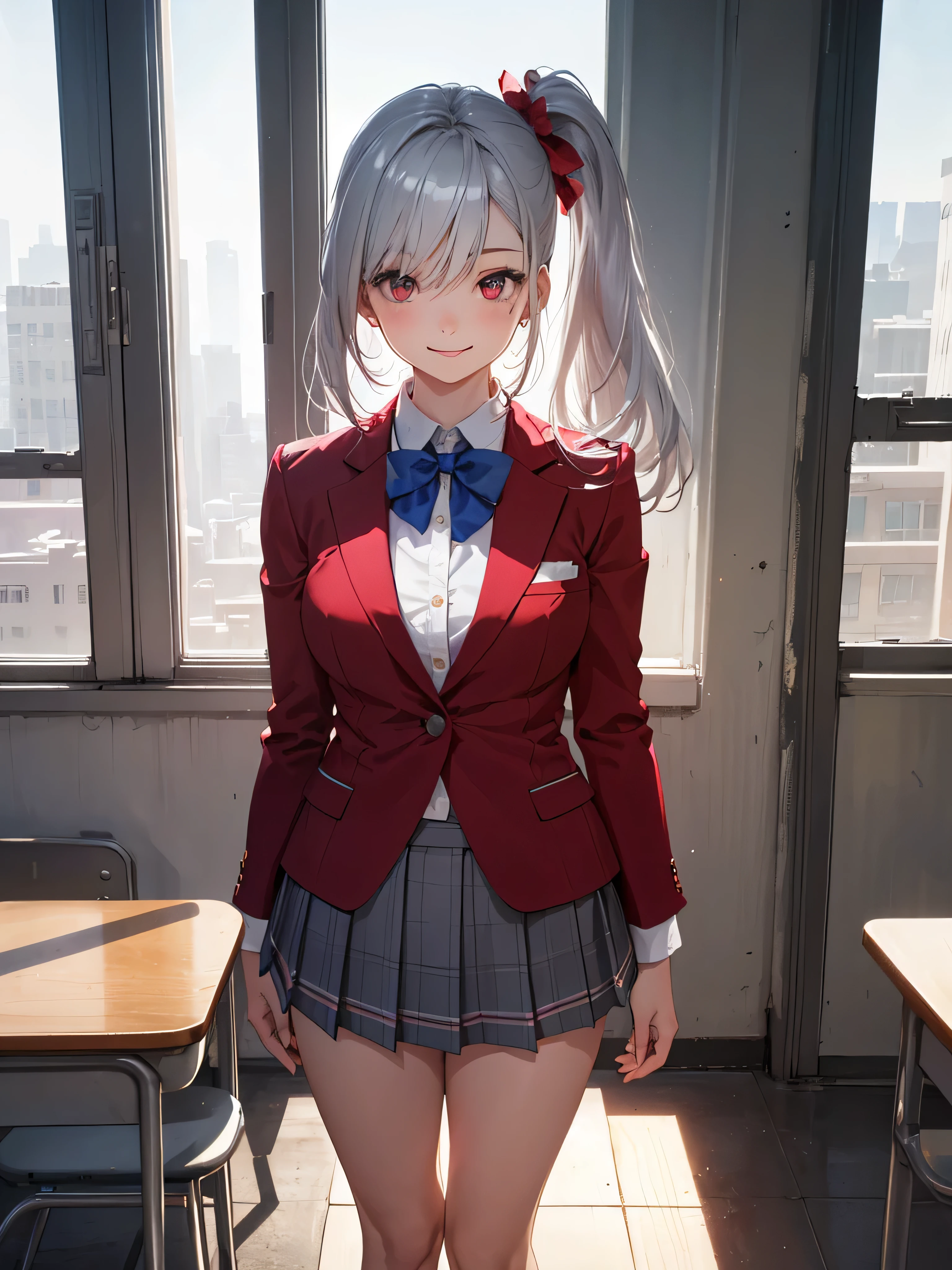 (masterpiece:1.2, highest quality), (realistic, photorealistic:1.4), beautiful illustrations, (natural side lighting, movie lighting), ,
looking at the viewer, Upper body, 1 girl, Japanese, high school girl, perfect face, Cute symmetrical face, shiny skin,
(middle hair, straight hair, silver hair), hair between eyes, dark red eyes, shining eyes, Big eyes, long eyelash, (medium breasts), thin,
beautiful hair, beautiful face, detailed and beautiful eyes, beautiful clavicle, beautiful body, beautiful breasts, beautiful thighs, beautiful feet, beautiful fingers,
((Bunzuki Gakuen , red blazer, white collared shirt, gray pleated mini skirt), Dark blue bow tie),
(beautiful scenery), evening, (school classroom), Are standing, (cute smile, upper eye),