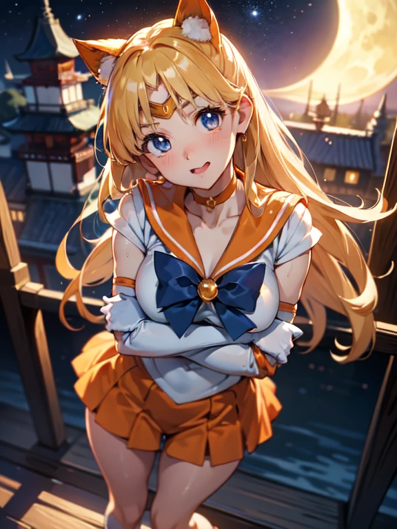 master piece,best quality,ultra detailed,8k, ambient light,realistic skin,glossy skin, 
（sv1, sailor senshi uniform, orange skirt, elbow gloves, tiara, orange sailor collar, red bow, orange choker, white gloves, jewelry）、（sailor senshi uniform）、Clothes are severely torn、
 （from below:2）、（looking down:1.2）、（from above）、（crossed arms）、wink、Open your mouth wide and stick out your tongue、（the body is very wet：1.3）、constriction、（delicate body：1.3）、big bust、emphasizing the cleavage、 glossy lips、Slightly emphasize the lower lip、blush、embarrassed expression、
fantastic night sky、full moon、aurora、horizon、open-air bath、Japanese inn、Castle、futon