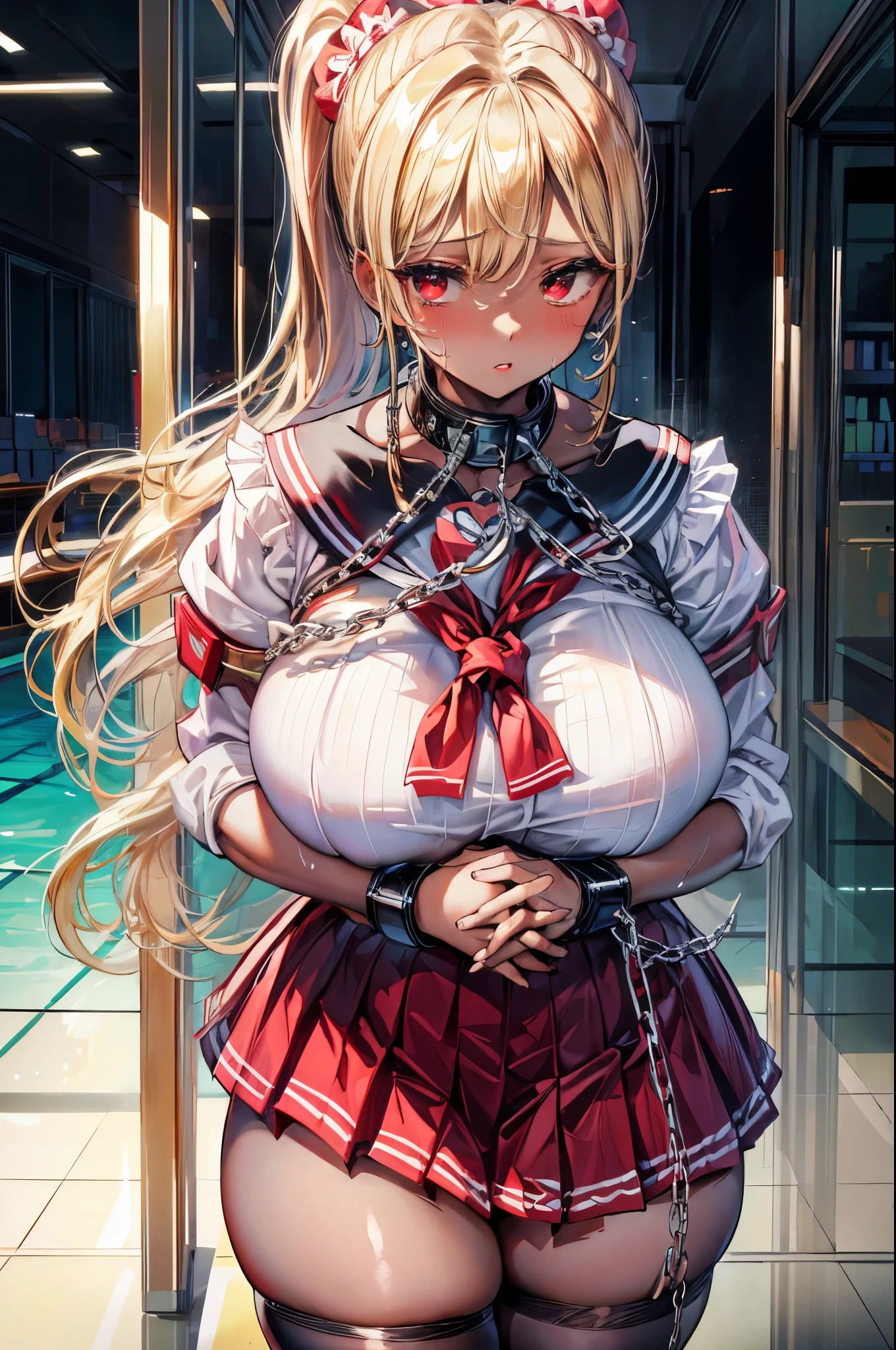 (masterpiece:1.2、highest quality、T Masterpiece)、1 female、alone、classroom、Day、stand、blonde、ponytail、red eyes、(sailor suit:1.4)、(black skin:1.4)、big breasts、pantyhose、corset、earrings、lipstick、mini skirt、very sweaty、Scrunchie、choker、blush、(Chain cuffs to collar:1.3)、Place your hands on the side of your chest