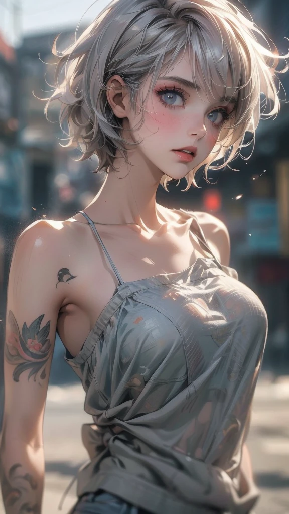 (masterpiece, High resolution, highest quality), ((20 year old woman, Composition from head to thighs, Upper body focus)), fashion pose, detailed eyes, Avant-garde makeup, messy short hair:1.2, ash gray hair, Tank top, tattoo all over the body, blurred background, The deserted backstreets of Cuba:1.3, cinematic lighting, anime style, simple lines, digital painting,