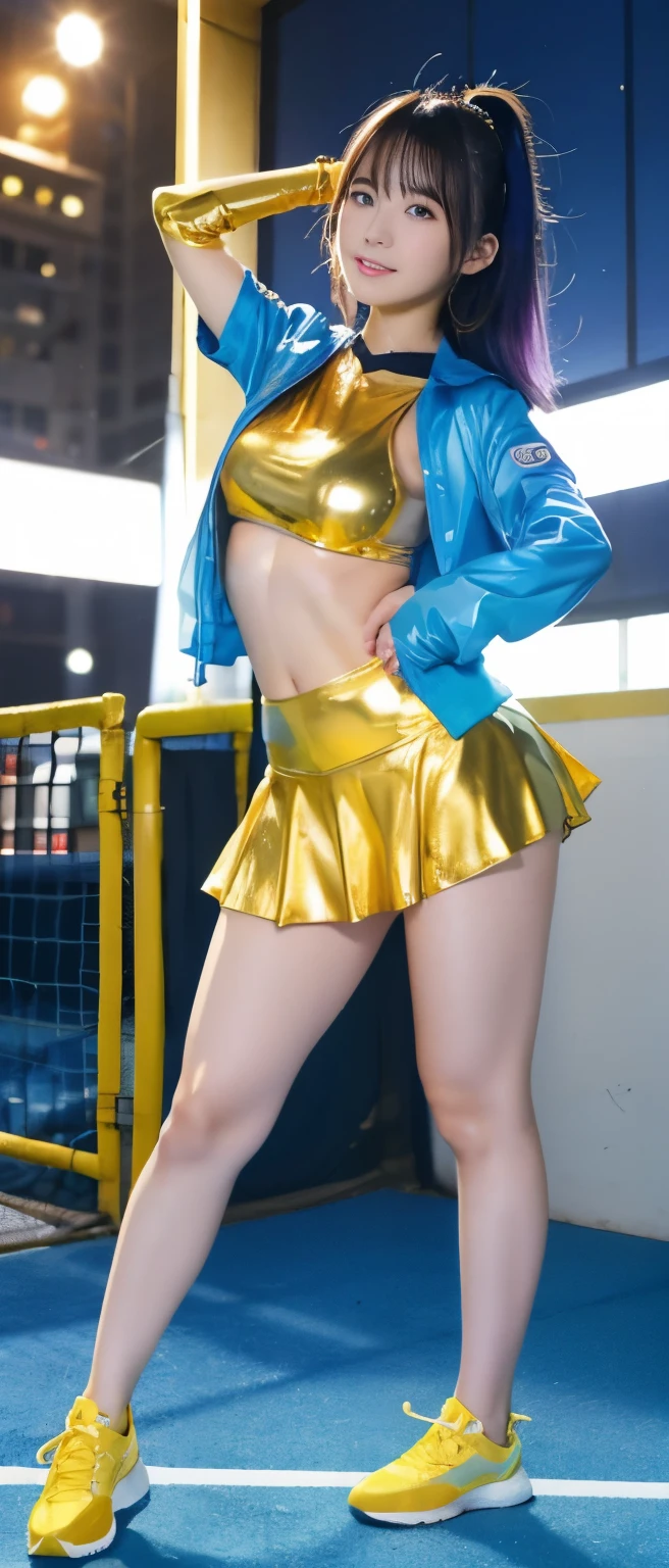 Sexy Cyber Idol Girl、whole body、good style、、、、Shiny blue and gold tennis wear、、colorful hair、、、、Cyber City、