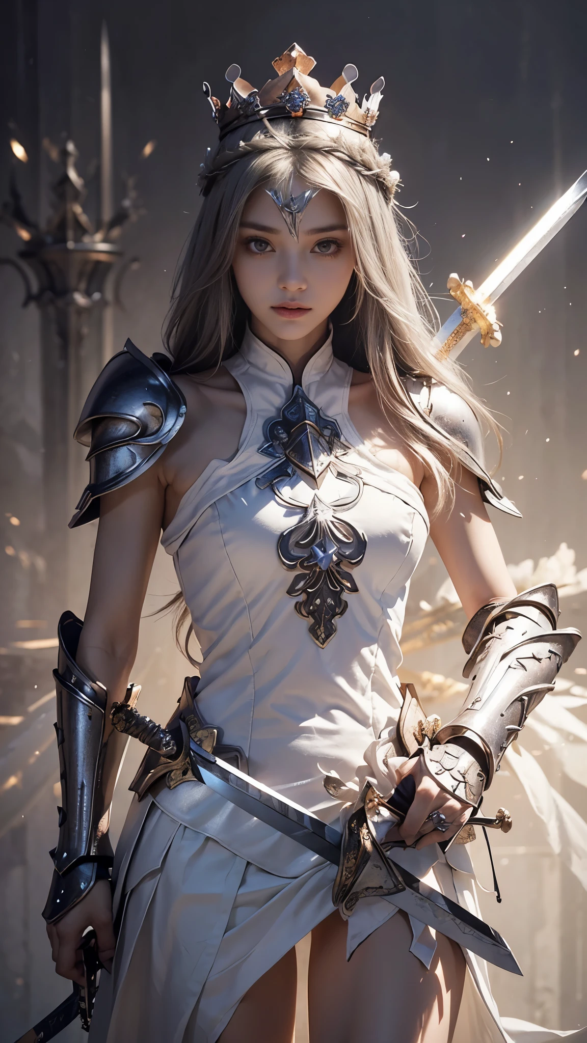 model shoot,1 girl, (innocent face:1.4), long hair, (assassin armor:1.5), white armor outfit, bare shoulder, ( beautiful crown:1.5), (bloom effect:1.5), hyper realistic, super detailed, Dynamic shot, masterpiece, scene sharp détails, perfect eyes, perfect skin, (two handed sword:1.5), (perfect slim body:1.5),