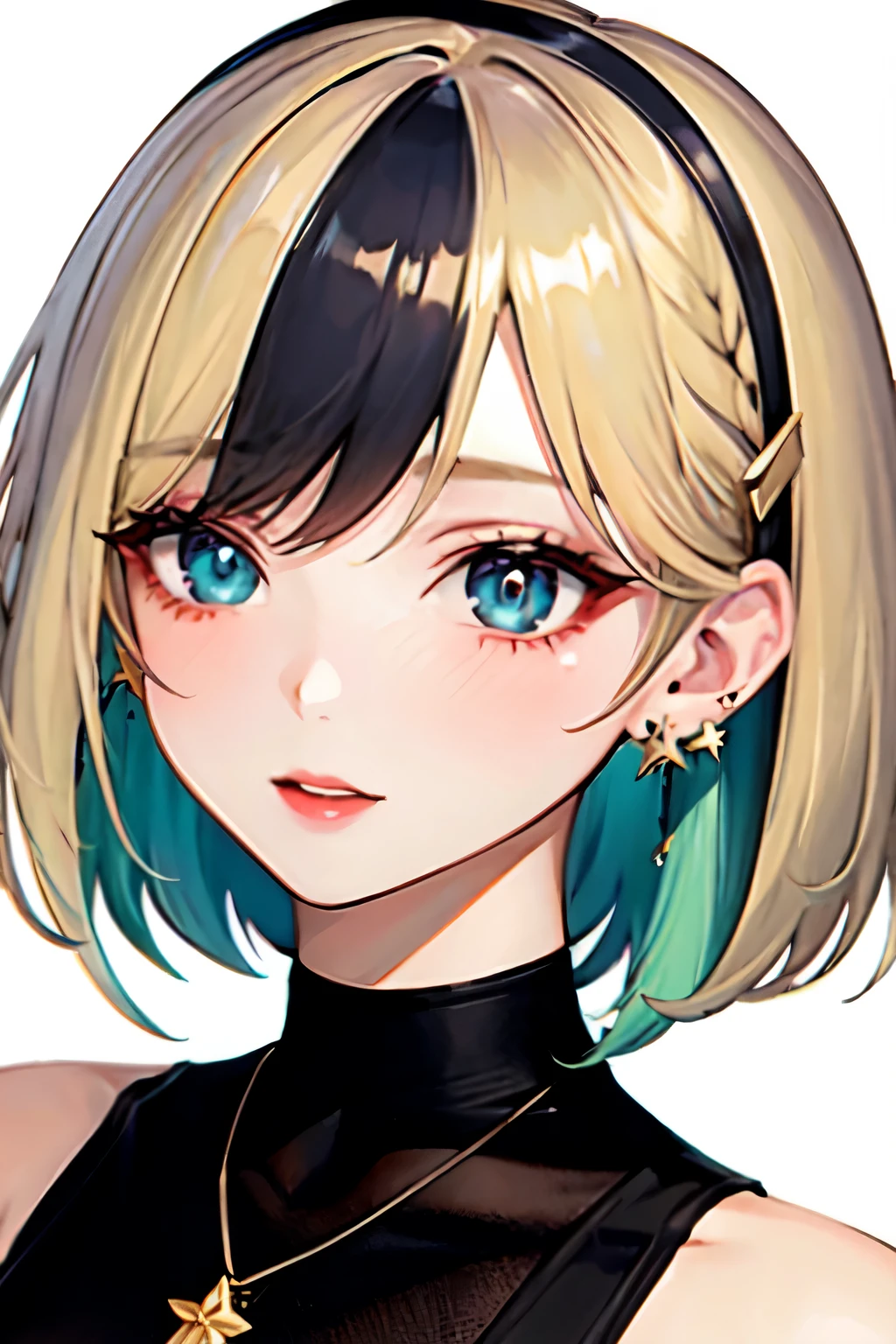Face focus, Lovely, masterpiece, best quality, 1 girl, alone, jewelry, blonde hair, hair accessories, earrings, hairpin, looking at the audience, portrait, short hair, White background, open lips, blush, Bangs, Simple background, sign, necklace, Virtual YouTuber, bare shoulders, clavicle, colorful hair, aqua eyes, Headbands,purple hair, star earrings