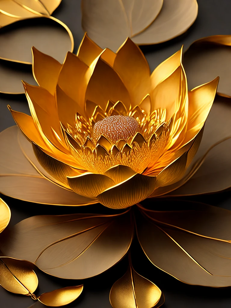    a lotus(close up)with lotus leaves(Mute Gold)  Very thin, intricate and hollow carvings, precious and luxurious, bright and sparkling. Very thin, intricate and fine gold foil art carving handicrafts that will reflect bright and shining effects when illuminated by sunlight or lights.，使艺术品更加引人注目

            精巧的手工 雕刻和手工艺品的技艺 蓮花with lotus leaves艺术品 增添一种独特的价值和视觉效果

              数字插图, Highly detailed vector art, Digital illustration style art master illustrator masterpiece high definition highly detailed digital art work