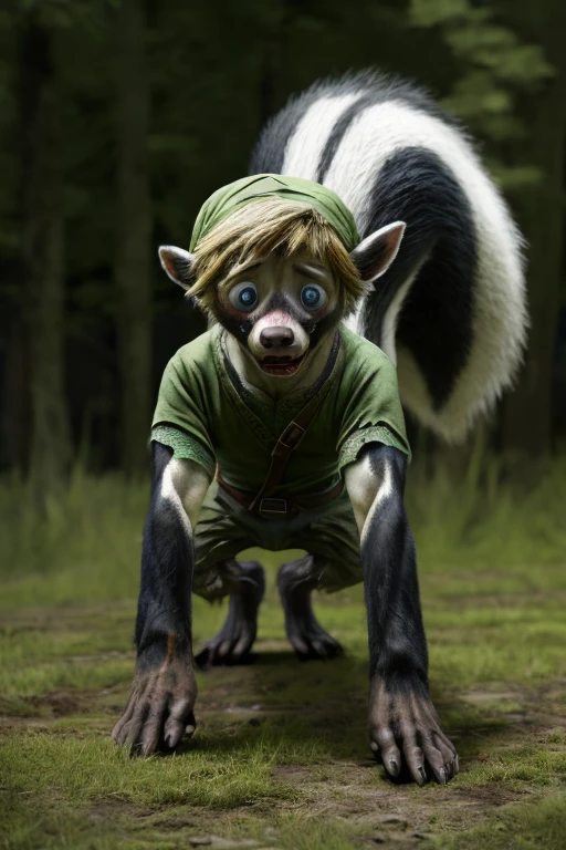 masterpiece, realism, photorealistic, best_quality, 1boy, solo, link, the legend of zelda, tunic, hat, mid transformation, transforming into a feral skunk, nonmorphic, small, all fours, tail bursting out of pants, shrinking, ripped pants, view from behind, losing balance, shock, embarrassed