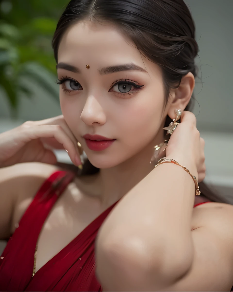 (highres:1.2), (fantasy theme:1.2), (bokeh:1.2), (best quality:1.2), (soothing tones:1.3), (masterpiece:1.2), (realistic:1.2), (ultradetailed:1.2), (shiny skin:1.2), (realistic skin:1.2), (perfect body:1.2), (elegant:1.2), (breathtaking:1.2), high quality, (HDR:1.3), RAW photo, 16K, intricate background, ((perfect hand:1.2)), ((perfect finger:1.2)), finger detailed, background detailed, (cinematic lighting), high contrast, ((big boobies:1.2)), ((long hair:1.2)), (dark hair), ((juicy lips:1.2)), red lips, ((longfade eyebrow)), ((cat eyes:1.2)), ((eyelashes:1.2)), ((long eyelashes:1.2)), ((kajal:1.2)), ((kohl:1.2)), ((eyebrows:1.2)), ((long eyebrows:1.2)), (eyeliner:1.2), ((eyeshadow:1.2)), (hourglass body:1.2), ((slim waist:1.2)) ,beautiful woman, feminine woman, ((beautiful face)), ((detailed facial expression:1.2)), female focus, sensual, ((light smile:1.2)), a close up of a woman in a red dress posing for a picture, traditional beauty, assamese aesthetic, very artistic pose, stylish