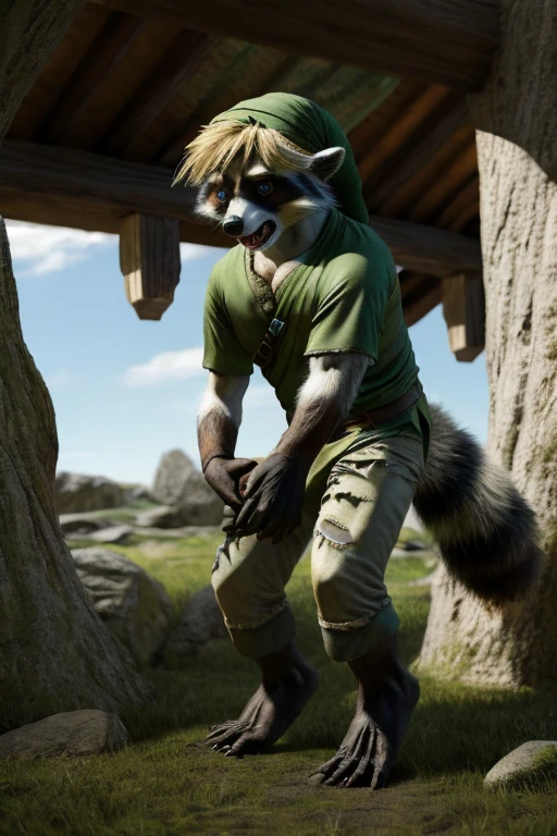 masterpiece, realism, photorealistic, best_quality, 1boy, solo, link, the legend of zelda, tunic, hat, mid transformation, transforming into a feral raccoon, nonmorphic, small, all fours, tail bursting out of pants, shrinking, ripped pants, view from behind, losing balance, shock, embarrassed
