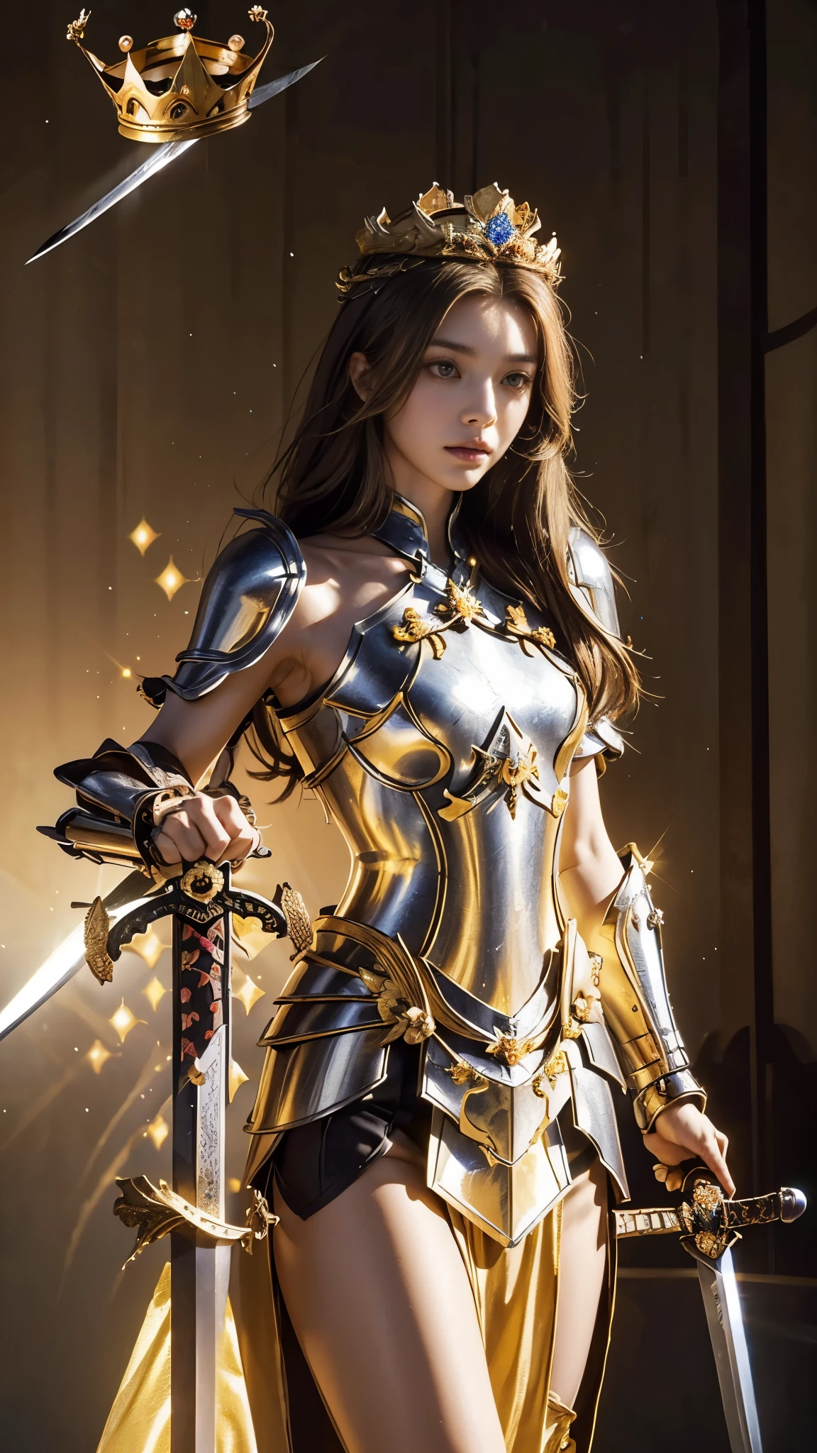 model shoot,1 girl, (innocent face:1.4), long hair, (assassin armor:1.5), golden outfit, bare shoulder, (beautiful crown:1.5), (bloom effect:1.5), hyper realistic, super detailed, Dynamic shot, masterpiece, fantasy scene sharp détails, perfect eyes, perfect skin, (two handed sword:1.5), (perfect slim body:1.5),