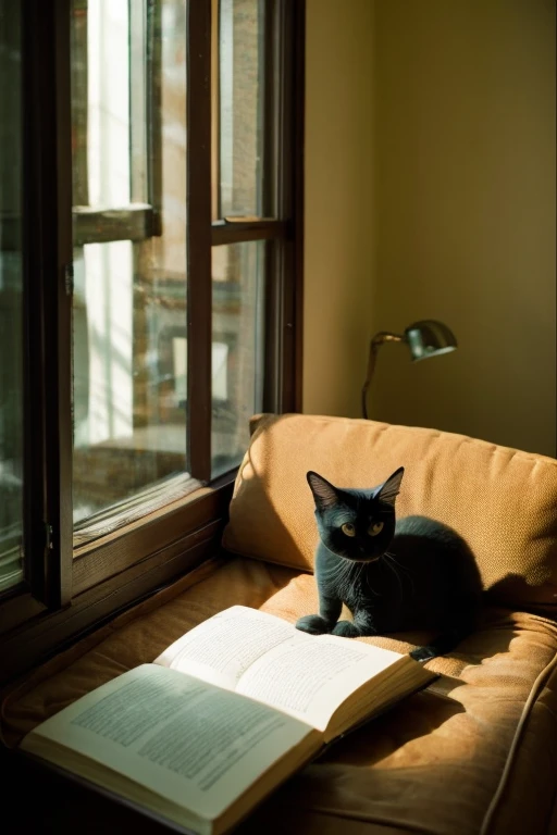 A cute light-colored Siamese cat relaxing and reading a book by an open window　sitting pose