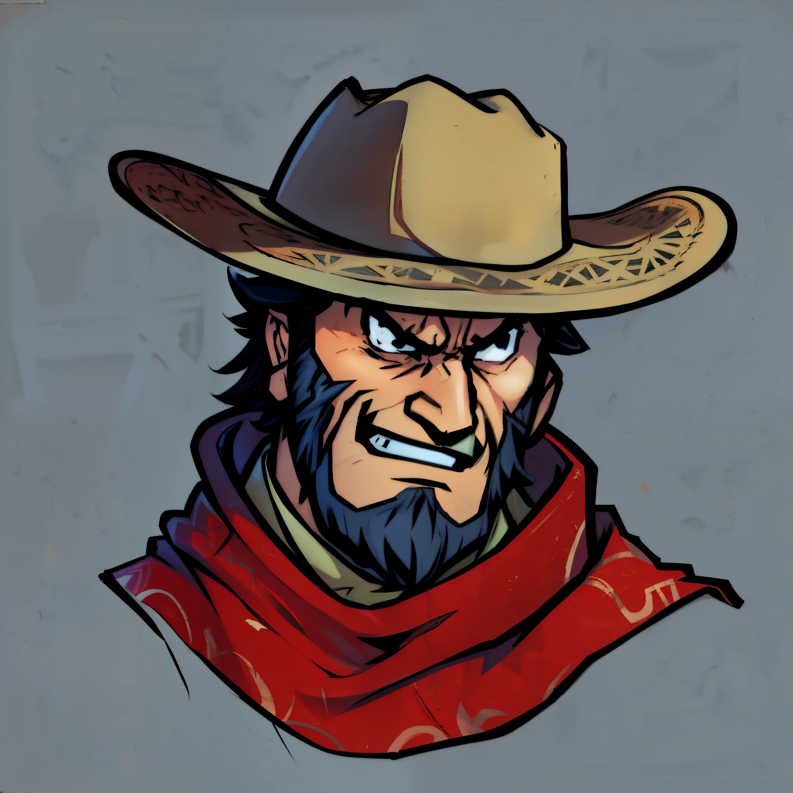 a close up of a cartoon of a man wearing a cowboy hat, Jesse McCray, Red Dead Redemption：redemption art style, 《Overwatch》McRae, Western comic book style, cowboy, Western comic book style, bearded cowboy, cowboy portrait, Western comic art, post - apocalyptic cowboy, cowboy portrait male, Noon Squint, the cowboy in the weird west, inspired by western comics，Cartoon，simple lines，simple colors，