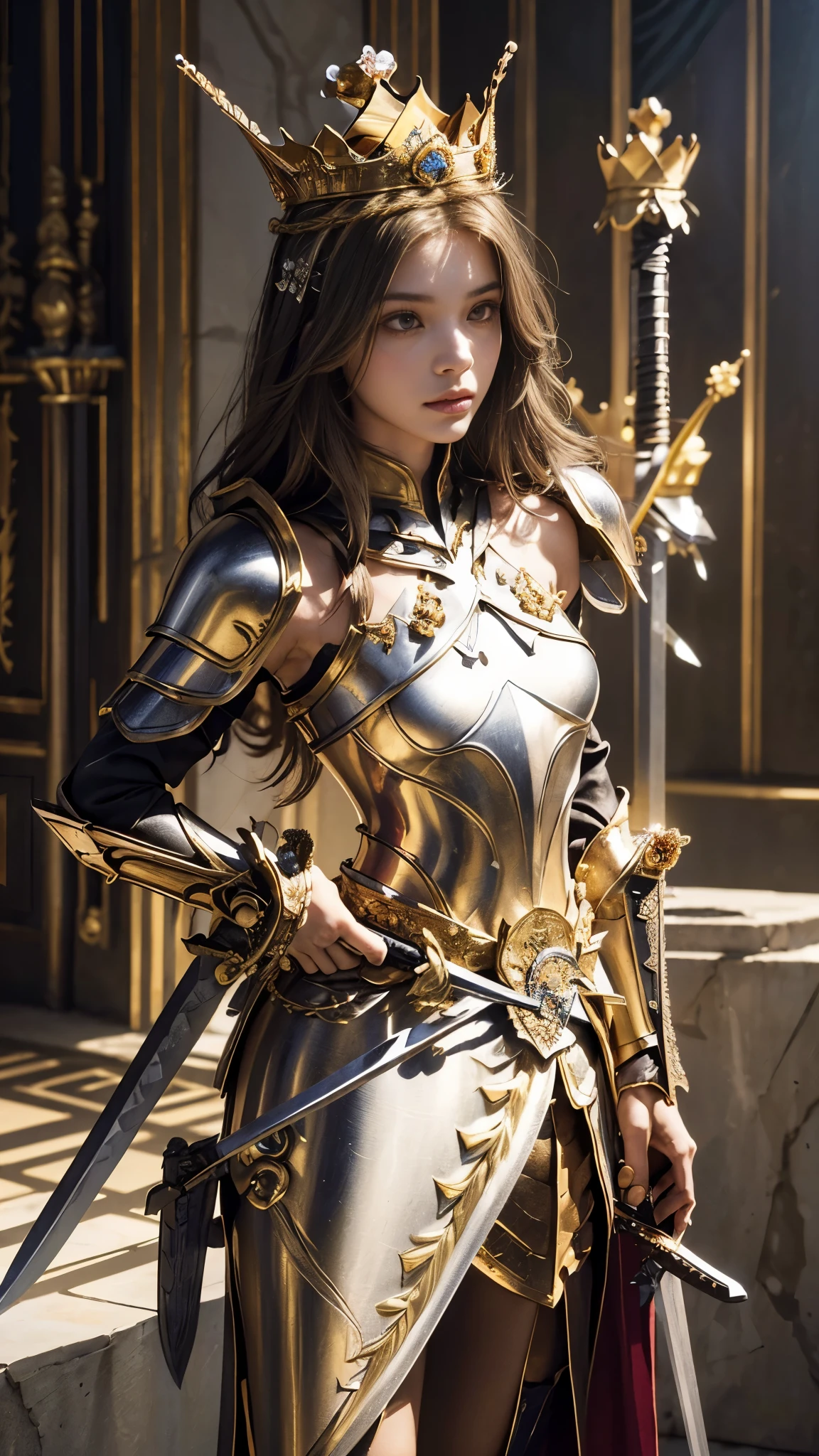 model shoot,1 girl, (innocent face:1.4), long hair, (assassin armor:1.5), golden armor outfit, bare shoulder, (beautiful crown:1.5), (bloom effect:1.5), hyper realistic, super detailed, Dynamic shot, masterpiece, fantasy scene sharp détails, perfect eyes, perfect skin, (two handed sword:1.5), (perfect slim body:1.5),