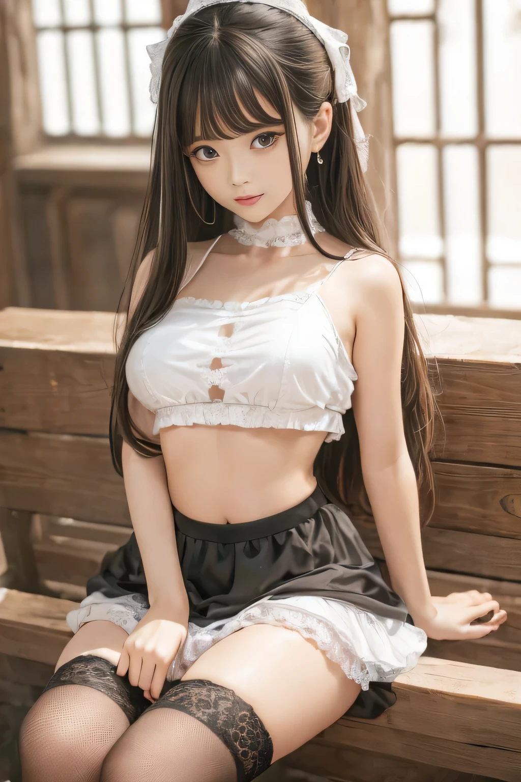 chunmomo, (masterpiece, best quality:1.2), soft light, 1girl, solo, delicate face, Detailed skin, long black hair, ,chiffon skirt, lace skirt,church,cathedral,underboob