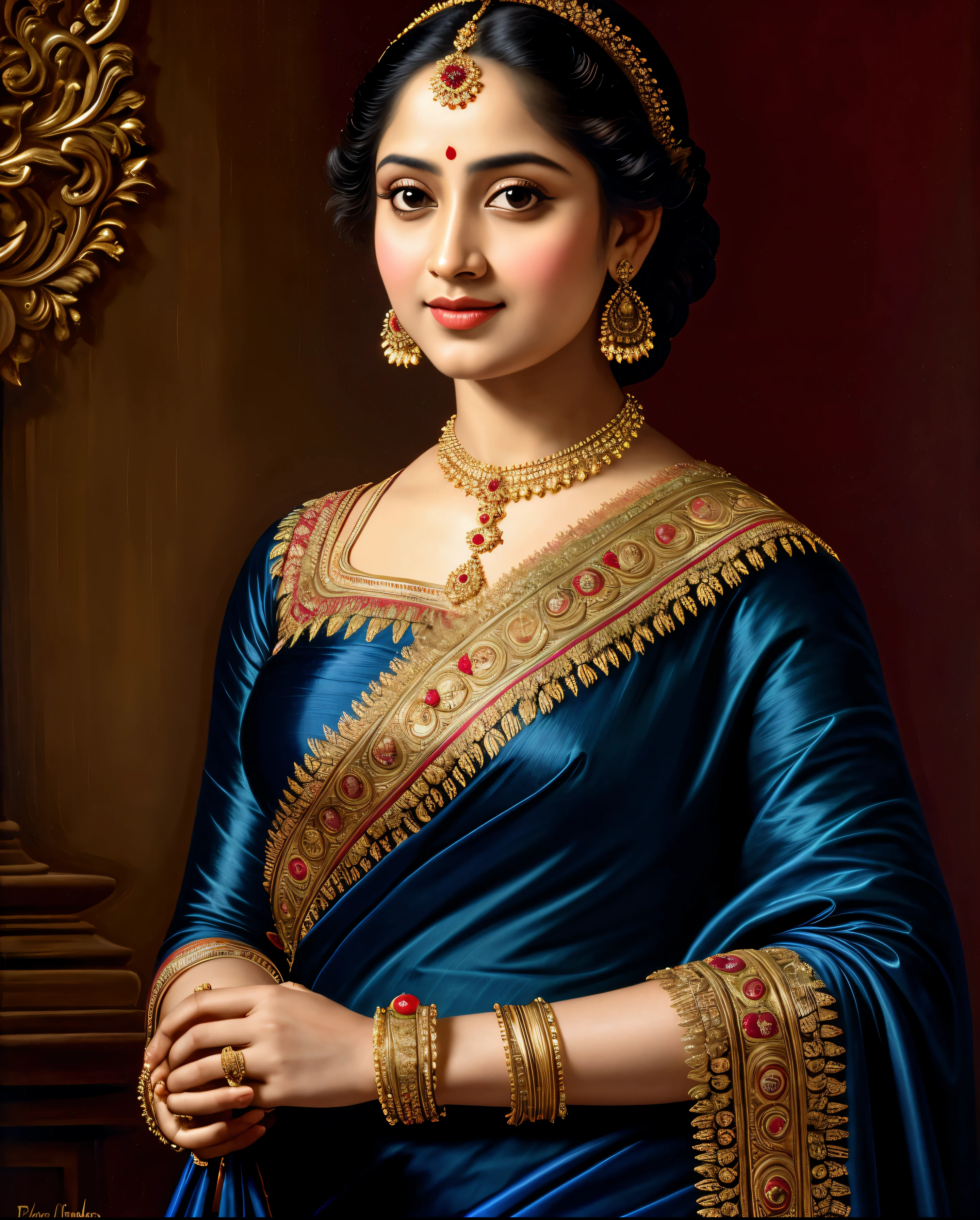 Looks like Jannat Zubair, Beautiful Indian Woman, wearing saree, sari Beauty, gorgeous, Apsara, Maharani, royal queen woman, nymph from Hindu Mythology, Urvashi, matchless beauty, Highly detailed, Oil Painting by Peter Paul Rubens inspired by Raja Ravi Varma, Matchless beauty, captivating, gorgeous, heavenly beauty, celestial beauty, by Peter Paul Rubens, 13, realistic, hyper realistic, micro details, incredible artwork, insane details, ultra High resolution, 8k, 32k, acrylic on canvas, intricate, flawless, detailed, detailed face, detailed eyes, masterpiece, by Peter Paul Rubens, by Caravaggio, by William Adolphe bouguereau, perfect face, perfect body, beautiful art, realism, baroque, renaissance Art, highly textured, beautiful and detailed eyes, uhd, best quality,