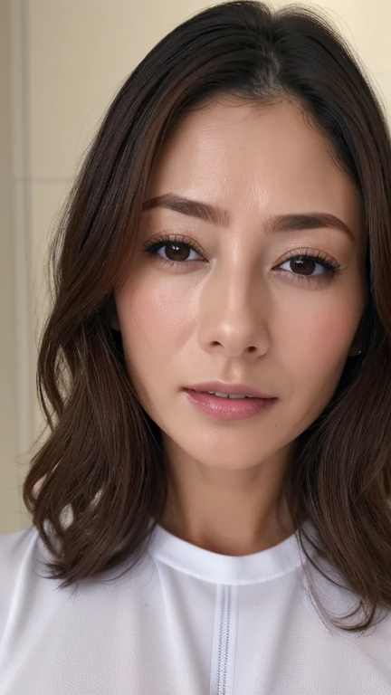 do, highest quality, (Highly detailed CG Unity 8K wallpaper), (highest quality),edge orgasm、((Full body shot 0.85))、woman with open mouth and closed eyes、woman with edge_face、48 years old、brown hair、Bathroom、((Sweat) ),((Sweatで光る肌))((Sweatで光る鎖骨,Sweatで光るface)),（(Sweatだくの肌))((Sweatで濡れた肌)),　big breasts、white blouse、