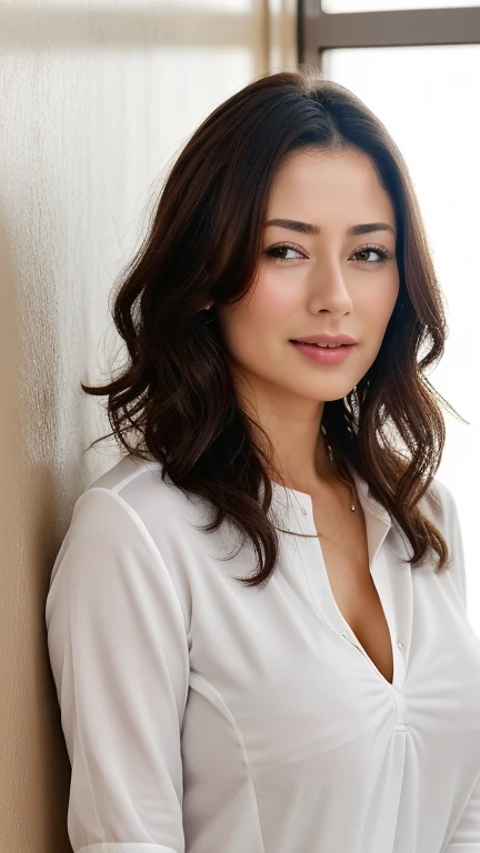 do, highest quality, (Highly detailed CG Unity 8K wallpaper), (highest quality),edge orgasm、((Full body shot 0.85))、woman with open mouth and closed eyes、woman with edge_face、48 years old、brown hair、Bathroom、((Sweat) ),((Sweatで光る肌))((Sweatで光る鎖骨,Sweatで光るface)),((Sweatだくの肌))((Sweatで濡れた肌)), big breasts、white blouse、